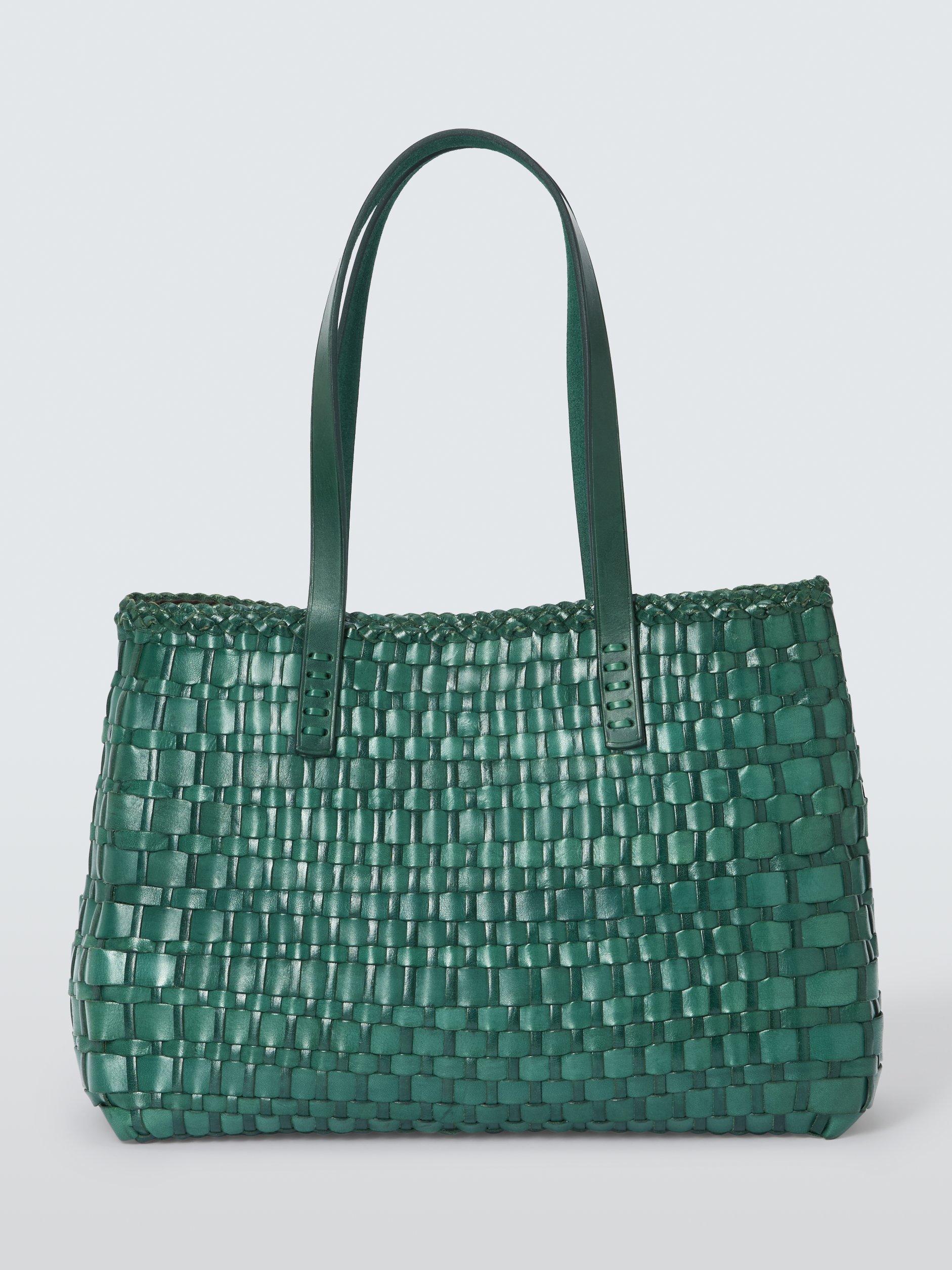 Product image 1 of 5, which shows Dragon Diffusion Salvage Woven Leather Tote Bag, Green