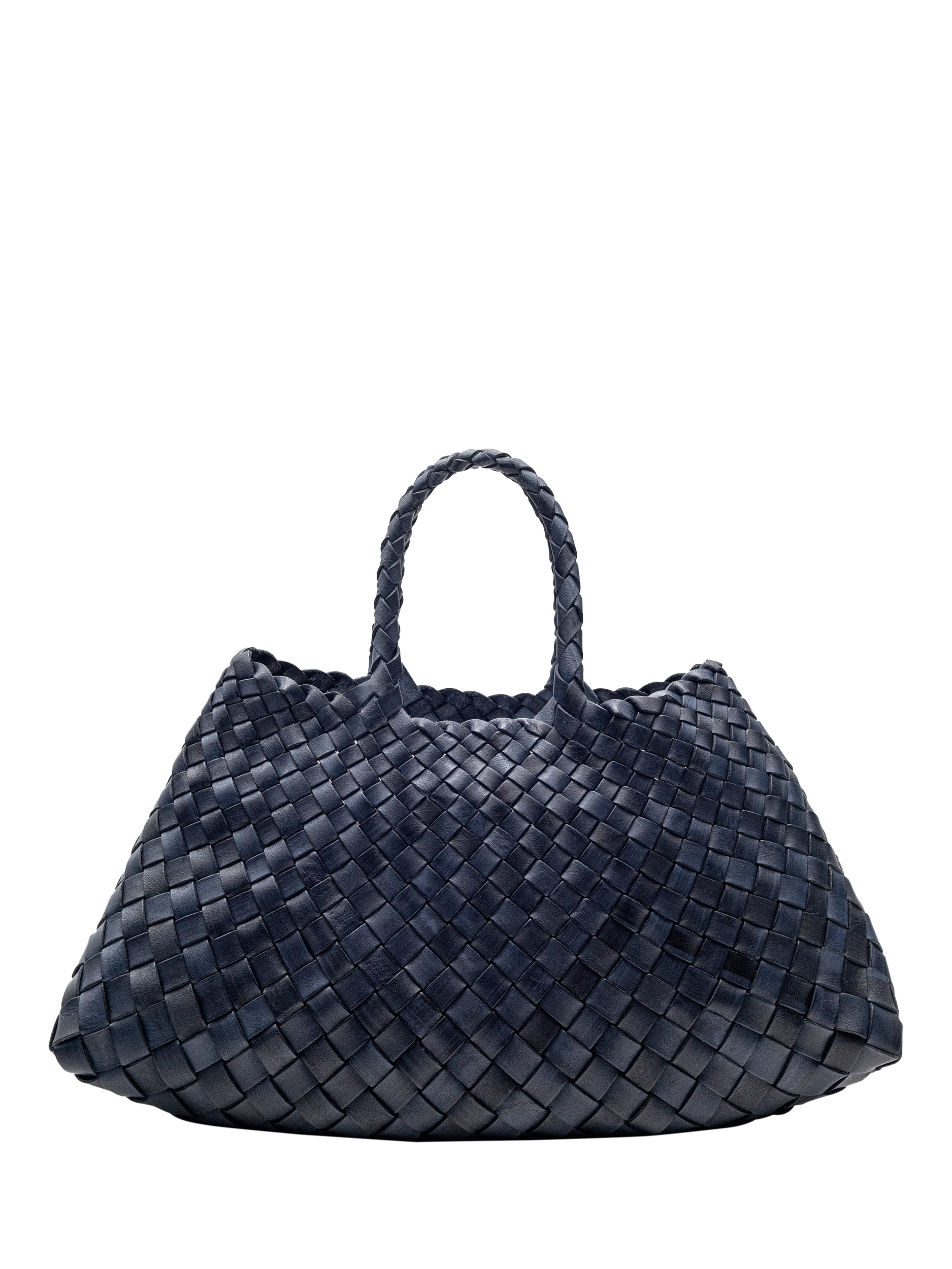 Product image 1 of 3, which shows Dragon Diffusion Santa Croce Small Woven Leather Tote Bag, Navy