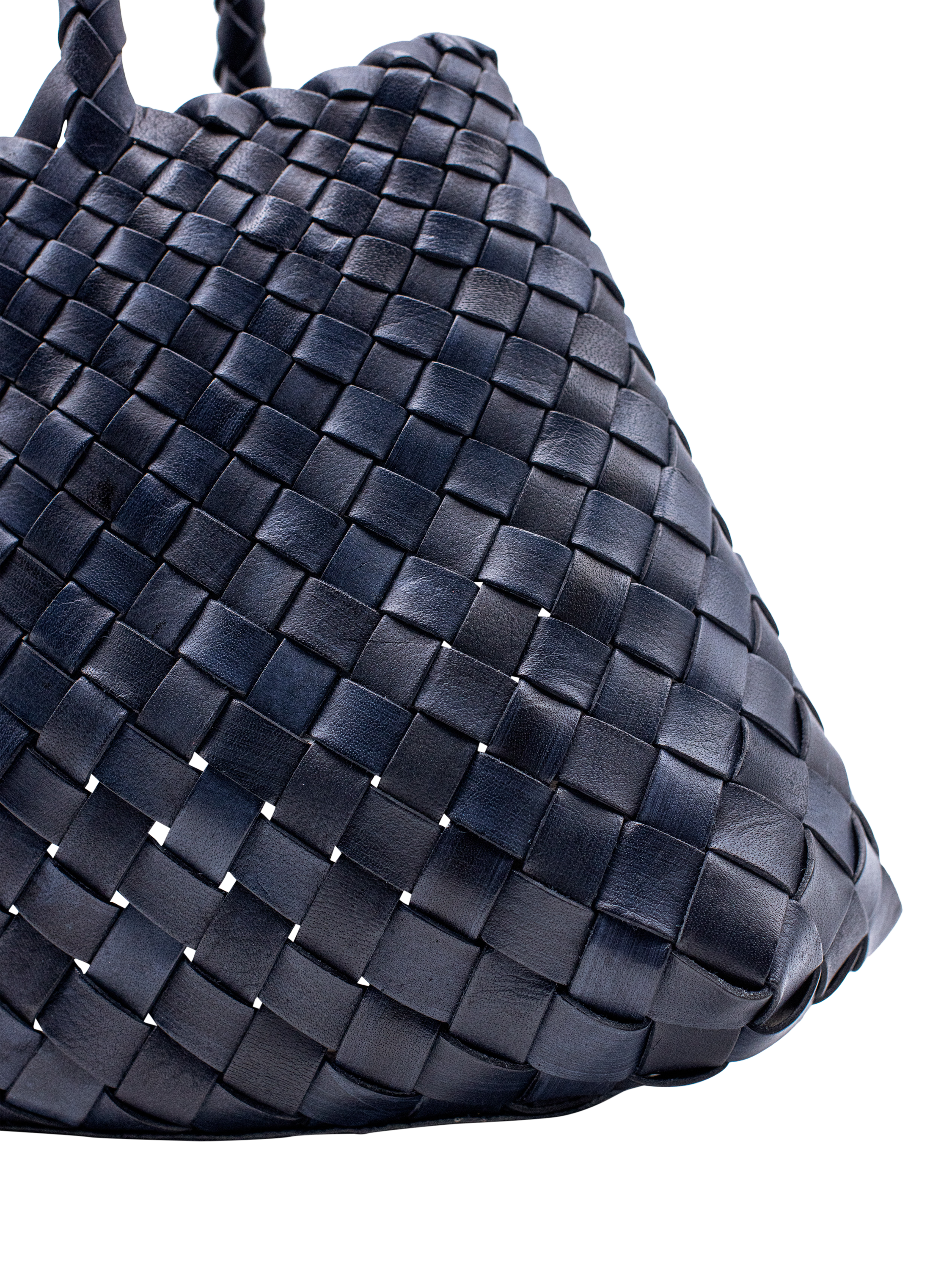 Product image 2 of 3, which shows Dragon Diffusion Santa Croce Small Woven Leather Tote Bag, Navy