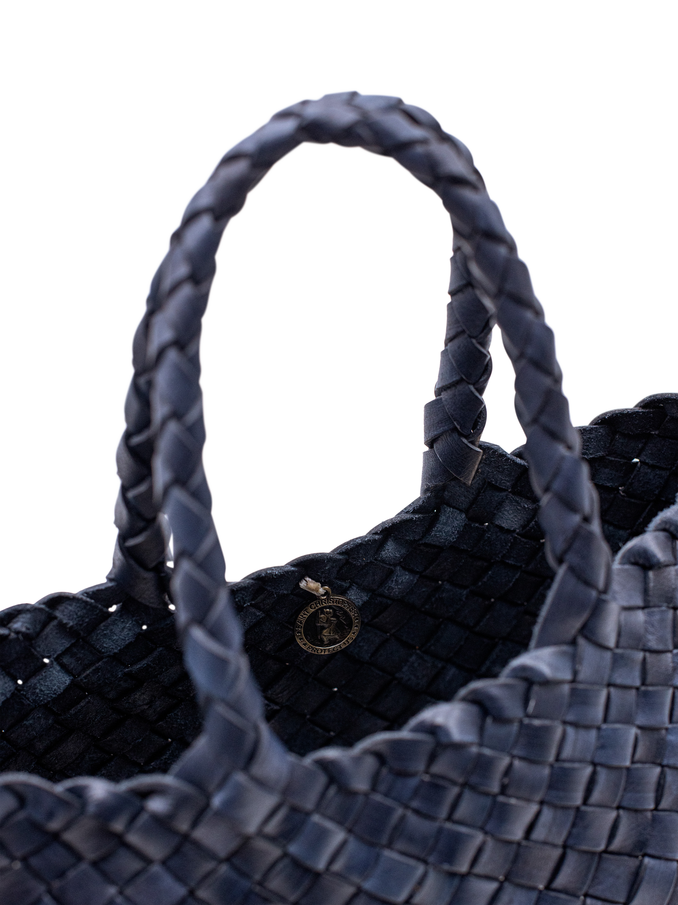 Product image 3 of 3, which shows Dragon Diffusion Santa Croce Small Woven Leather Tote Bag, Navy