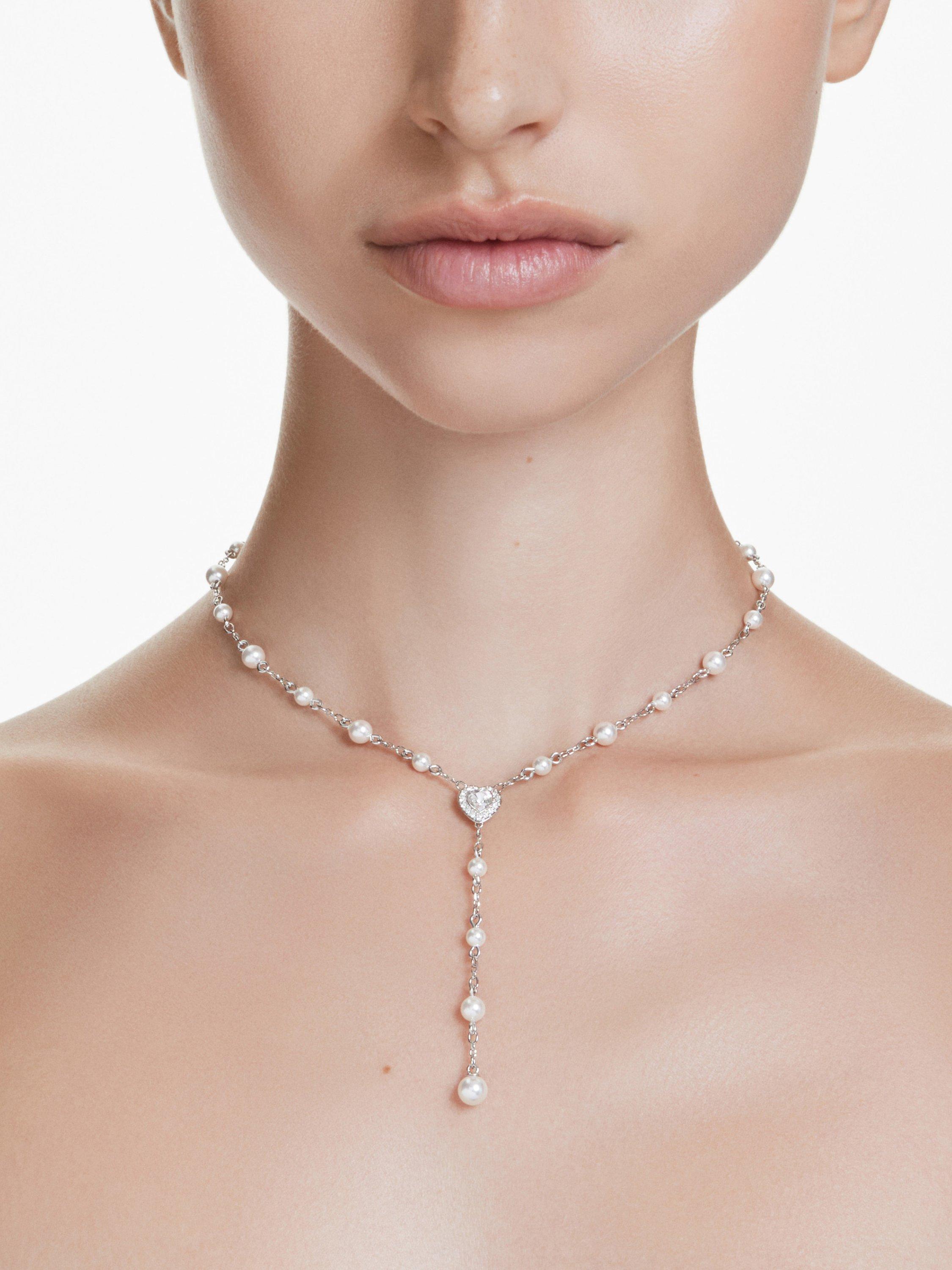 Product image 5 of 5, which shows Swarovski x Ariana Grande Crystal Pearls & Heart T-Shaped Necklace, Rhodium Plated