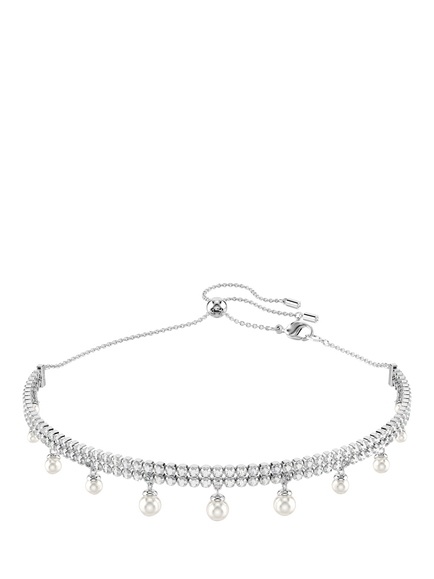 Swarovski x Ariana Grande Double Row Cubic Zirconia & Crystal Pearls Choker Necklace, Rhodium Plated, Rhodium Plated