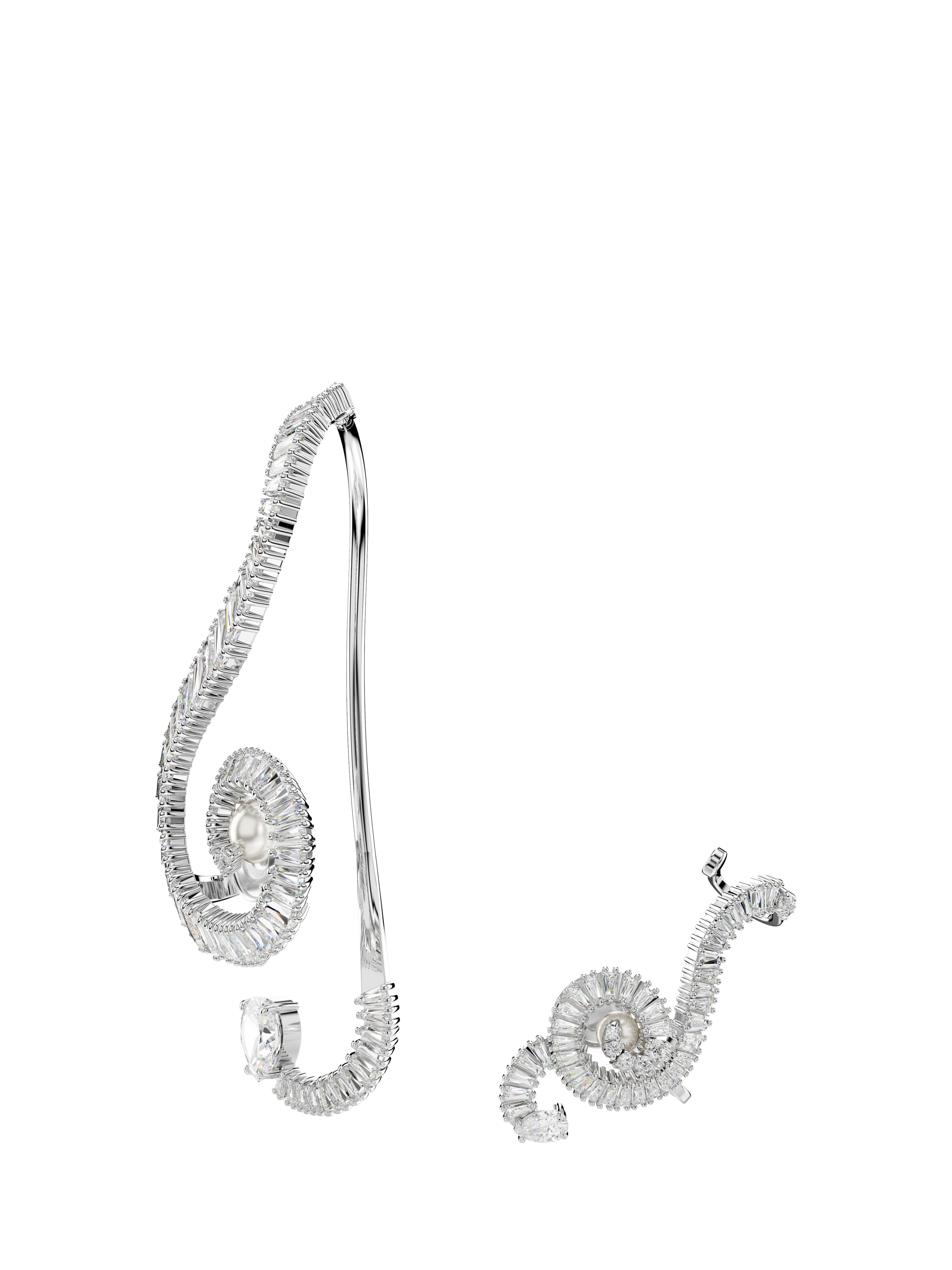 Product image 2 of 6, which shows Swarovski x Ariana Grande Cubic Zirconia Asymmetrical Treble Clef Clip Earrings, Rhodium Plated