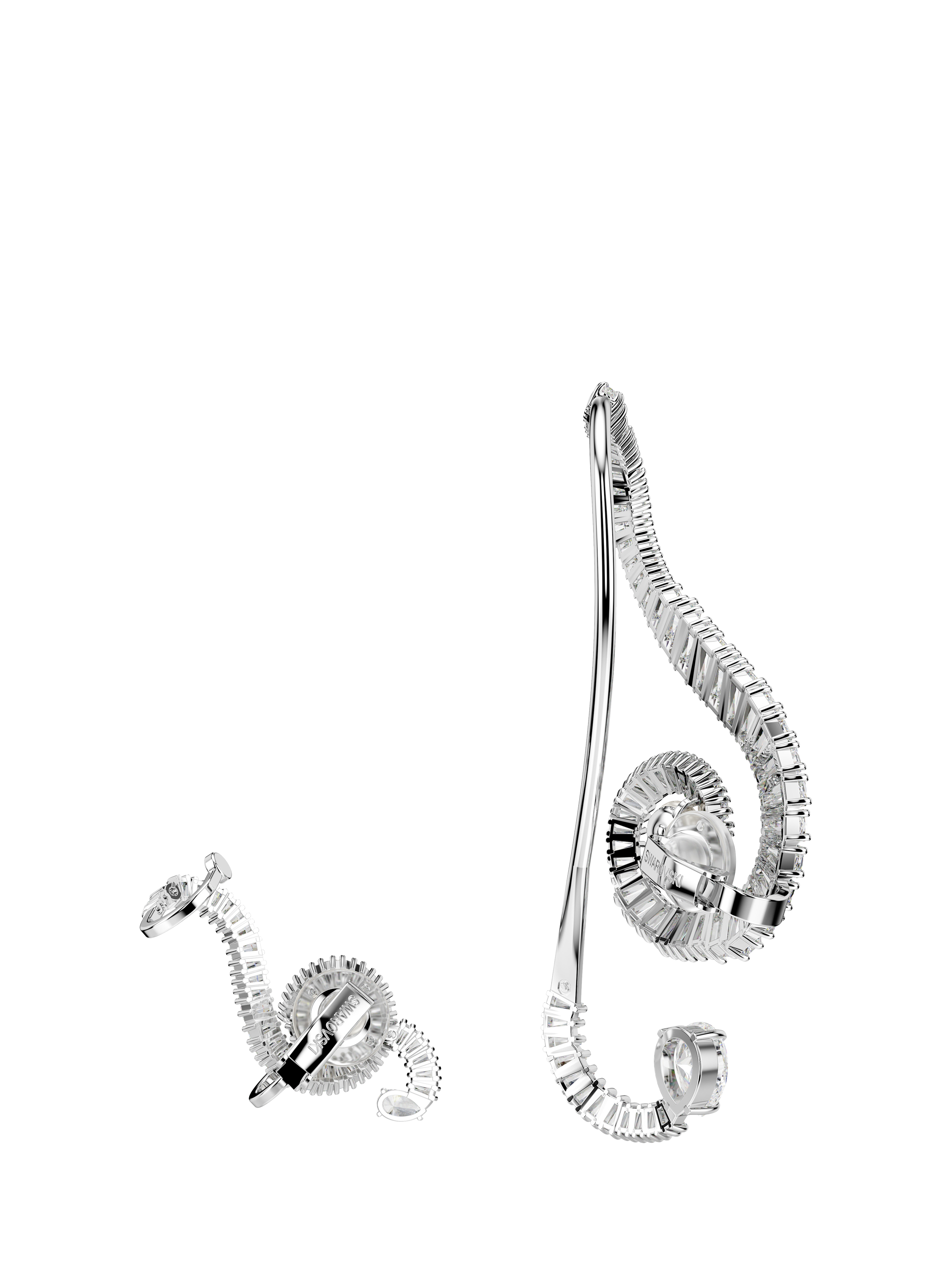 Product image 4 of 6, which shows Swarovski x Ariana Grande Cubic Zirconia Asymmetrical Treble Clef Clip Earrings, Rhodium Plated