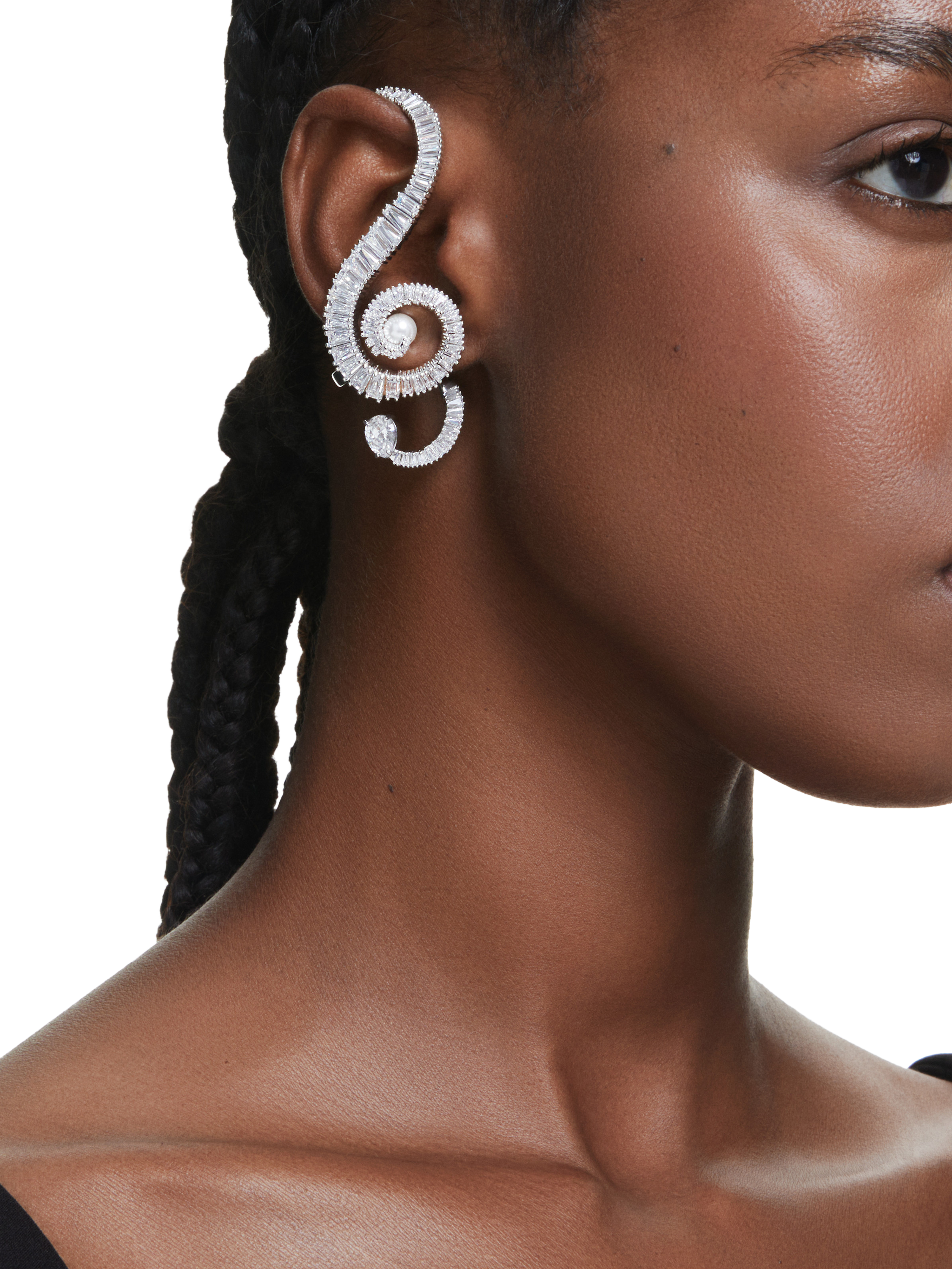 Product image 6 of 6, which shows Swarovski x Ariana Grande Cubic Zirconia Asymmetrical Treble Clef Clip Earrings, Rhodium Plated