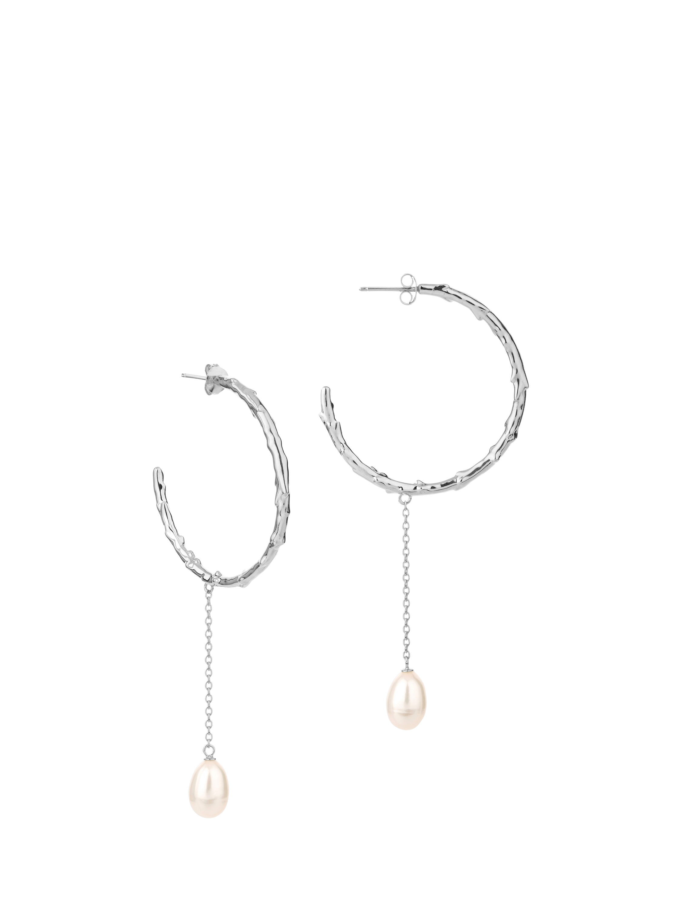 Product image 1 of 5, which shows Claudia Bradby Reykjavik Organic Textured Hoop Earrings with Pearl Drop, Silver