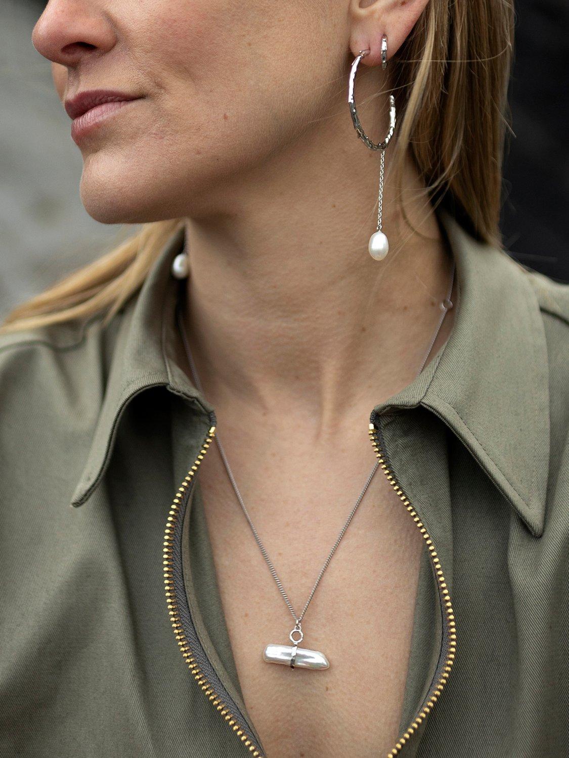 Product image 3 of 5, which shows Claudia Bradby Reykjavik Organic Textured Hoop Earrings with Pearl Drop, Silver