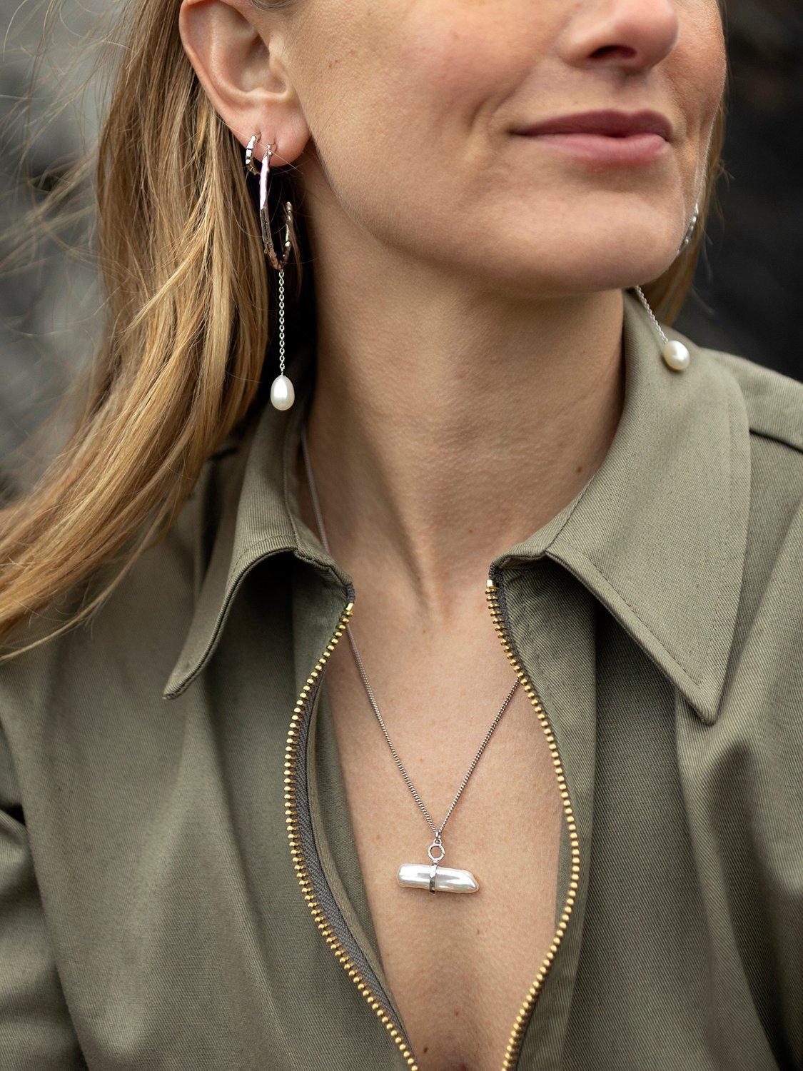 Product image 4 of 5, which shows Claudia Bradby Reykjavik Organic Textured Hoop Earrings with Pearl Drop, Silver