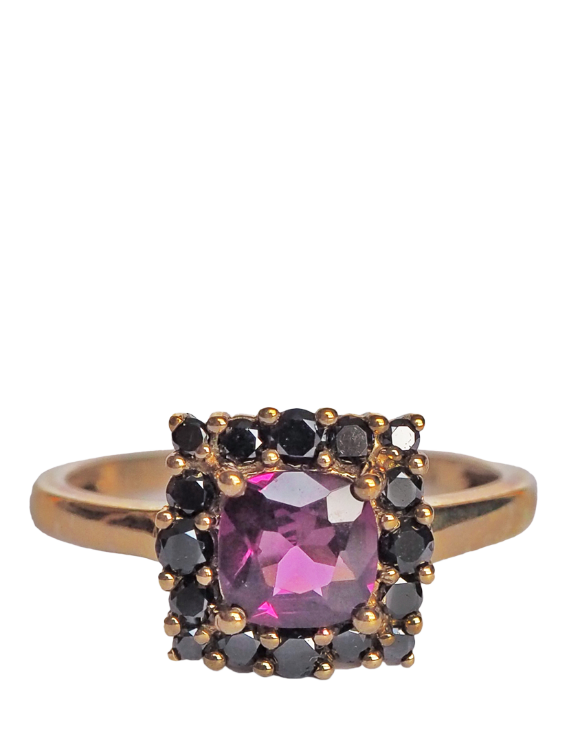 Product image 1 of 1, which shows L & T Heirlooms Pre-Loved 9ct Yellow Gold Black Diamond and Rhodolite Cocktail Ring, Yellow Gold
