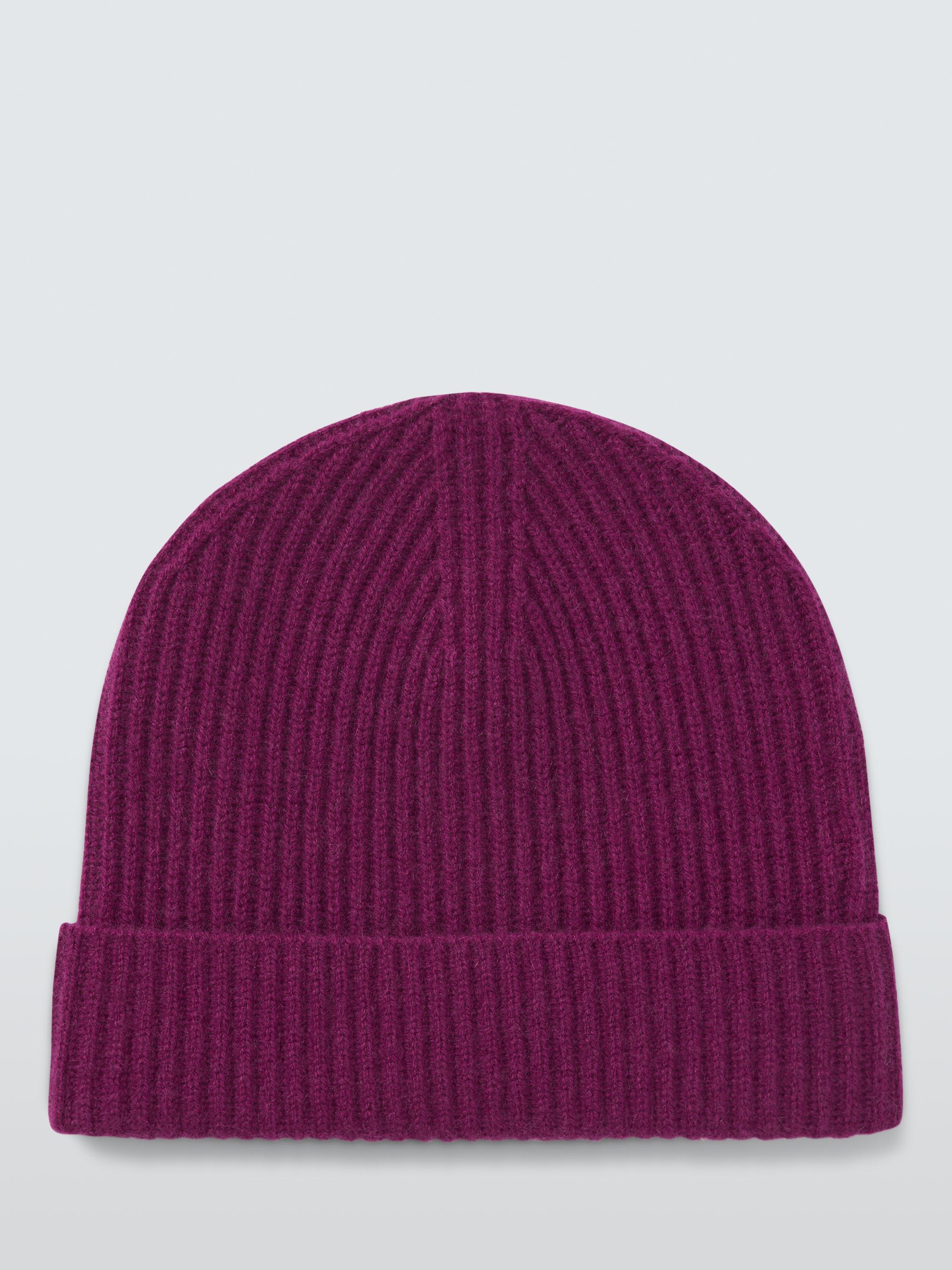 Product image 2 of 5, which shows John Lewis Ribbed Cashmere Beanie Hat, Deep Berry