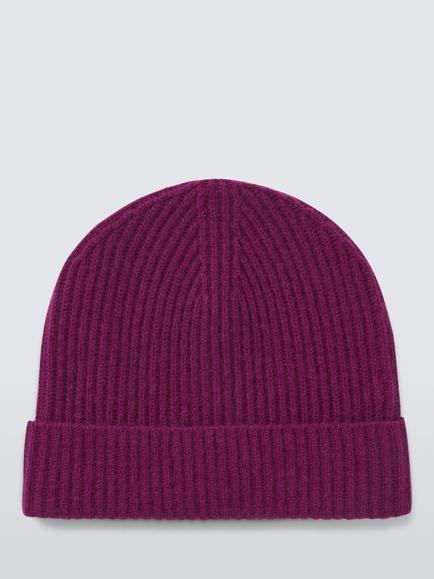 John Lewis Ribbed Cashmere Beanie Hat - view 2, Deep Berry