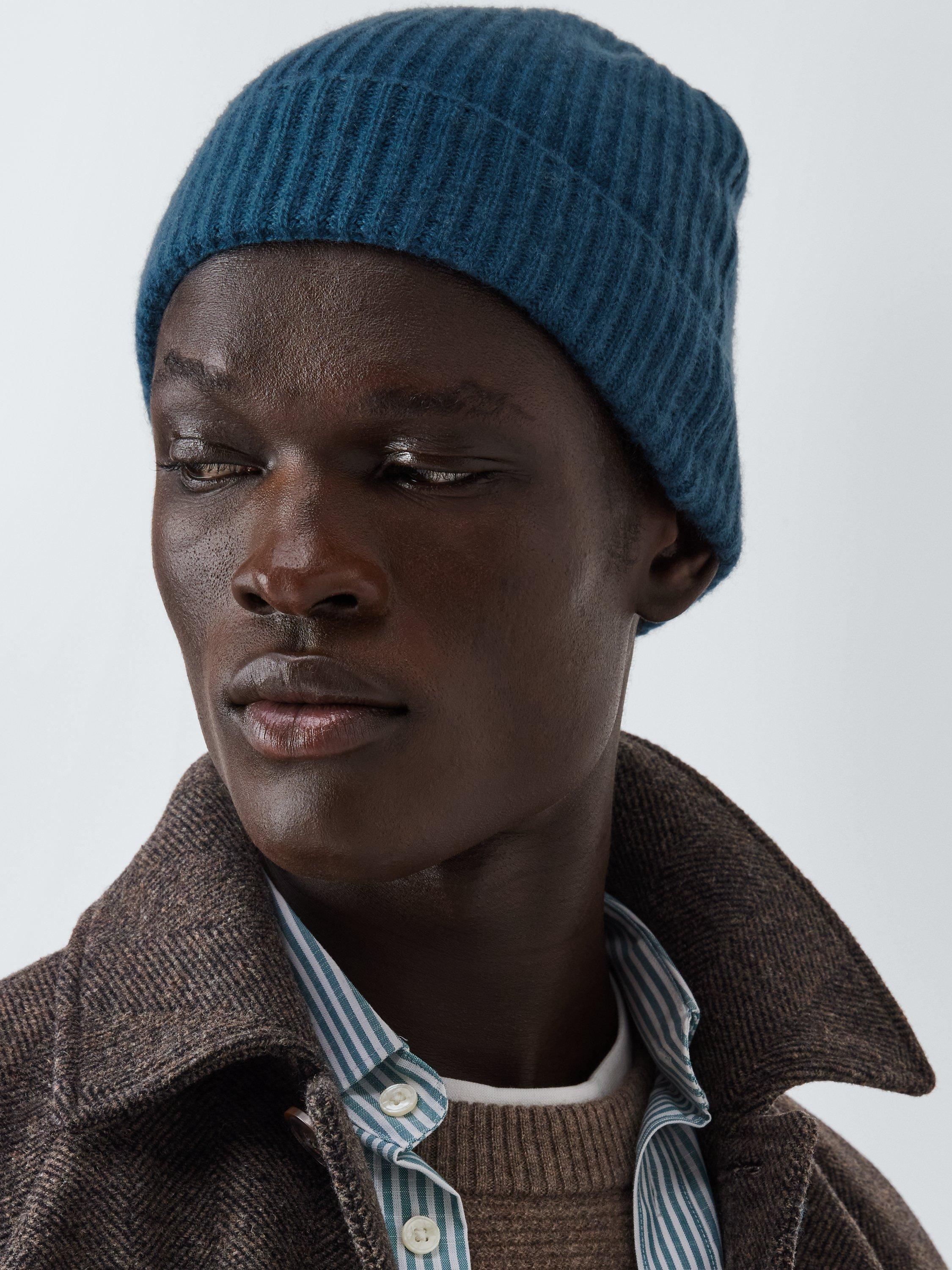 Product image 1 of 5, which shows John Lewis Ribbed Cashmere Beanie Hat, Indigo Blue