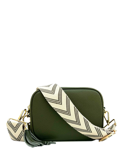 Apatchy London Tassel Chevron Strap Leather Cross Body Bag, Olive, Olive