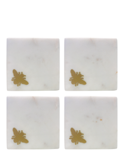 Culinary Concepts Brass Bee Square Marble Coaster, Set of 4, White, White