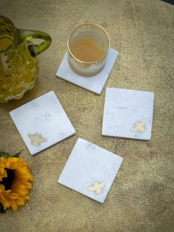 Culinary Concepts Brass Bee Square Marble Coaster, Set of 4, White - view 2, White