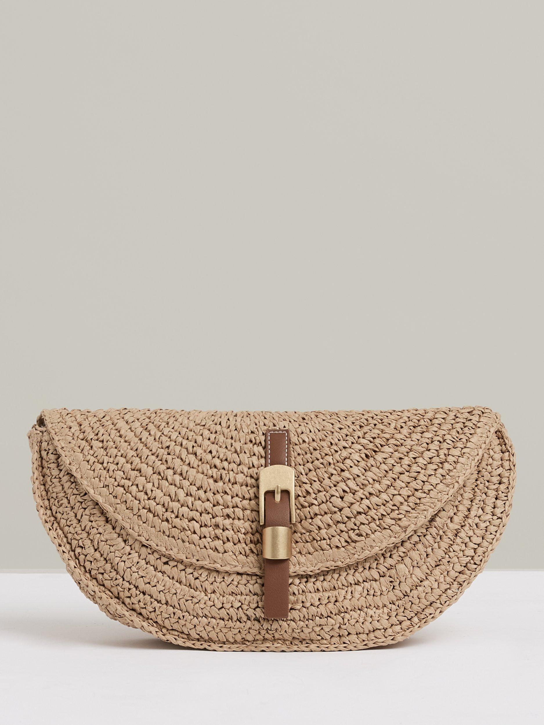 Reiss Aria Woven Straw Flapover Clutch Bag, Natural