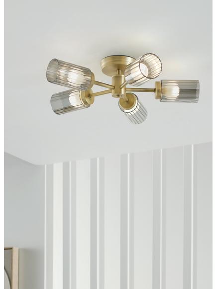 John Lewis Brompton 5 Arm Flush Ceiling Light - view 2, Antique Brass