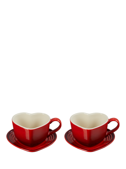 Le Creuset Stoneware Heart Cups & Saucers, Set of 2, 200ml, Cerise