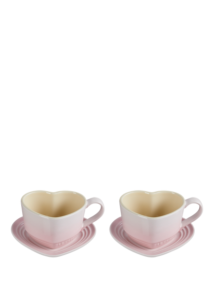 Le Creuset Stoneware Heart Cups & Saucers, Set of 2, 200ml, Shell Pink