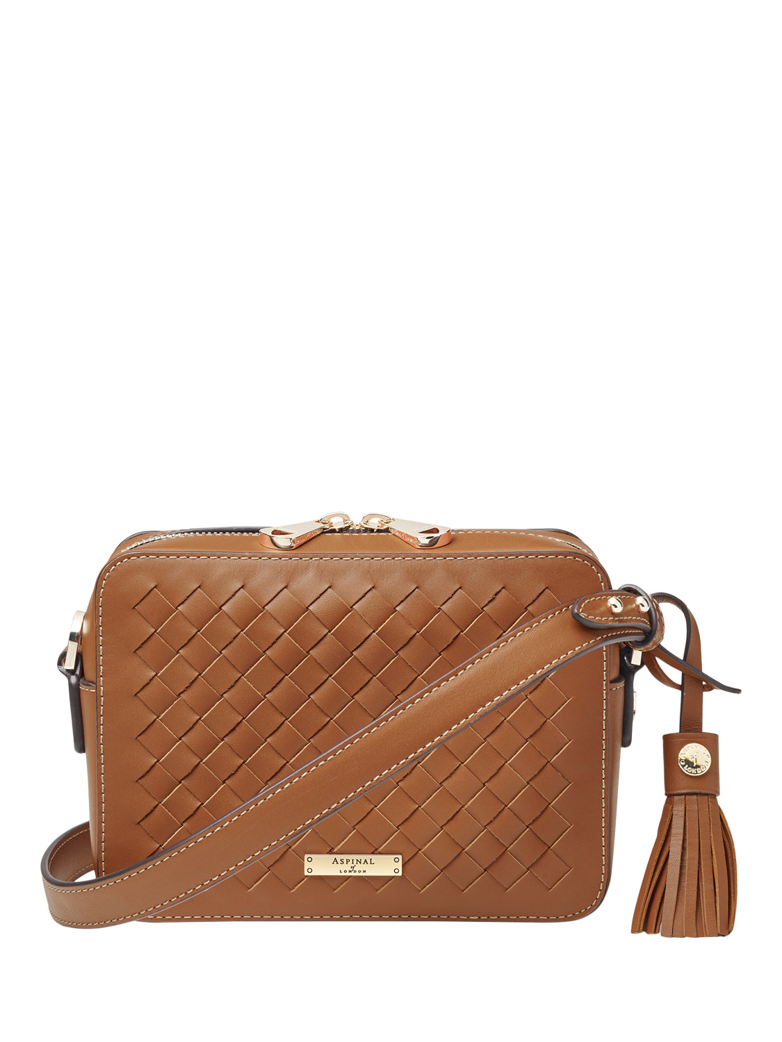 Product image 1 of 4, which shows Aspinal of London Leather Camera Cross Body Bag, Tan