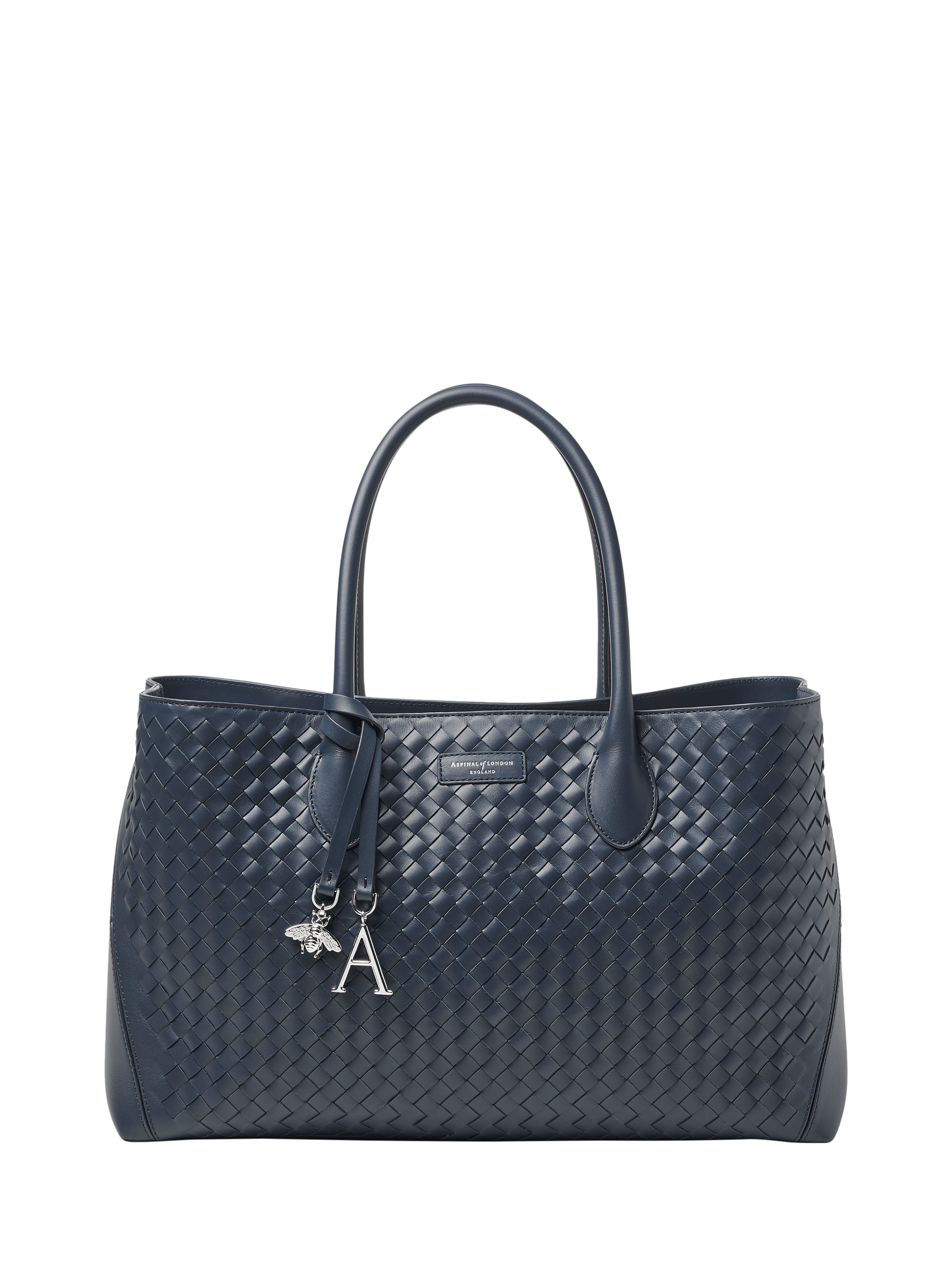 Product image 1 of 4, which shows Aspinal of London Slot Weave Leather London Tote Bag, French Navy