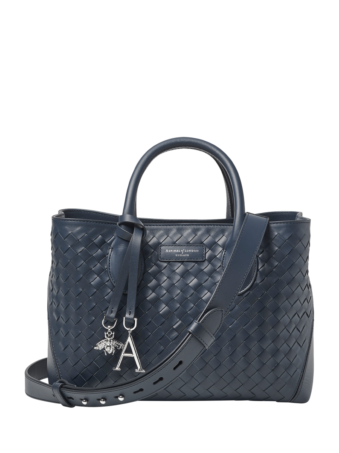 Product image 1 of 5, which shows Aspinal of London Slot Weave Leather London Midi Tote Bag, French Navy