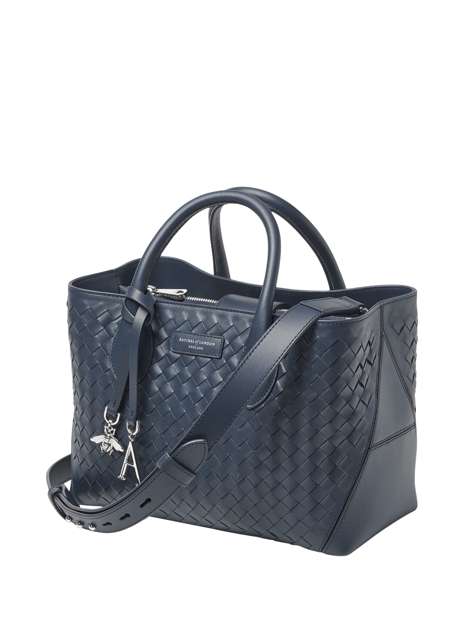 Product image 2 of 5, which shows Aspinal of London Slot Weave Leather London Midi Tote Bag, French Navy