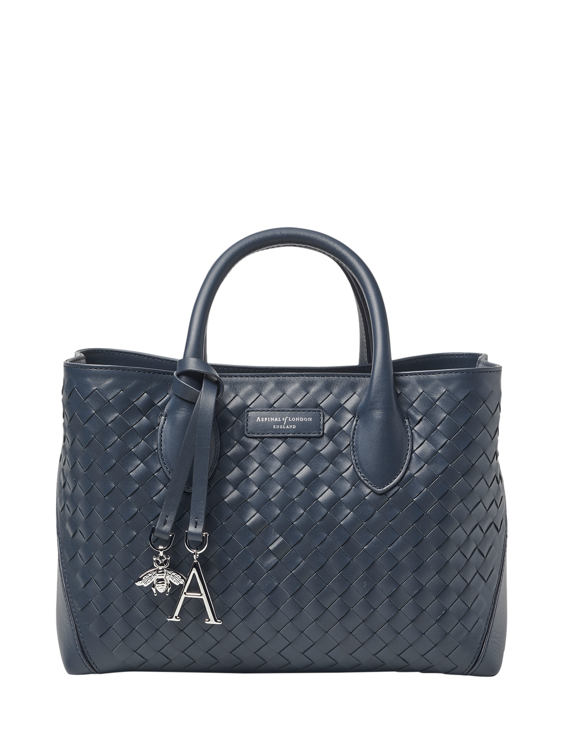 Product image 3 of 5, which shows Aspinal of London Slot Weave Leather London Midi Tote Bag, French Navy
