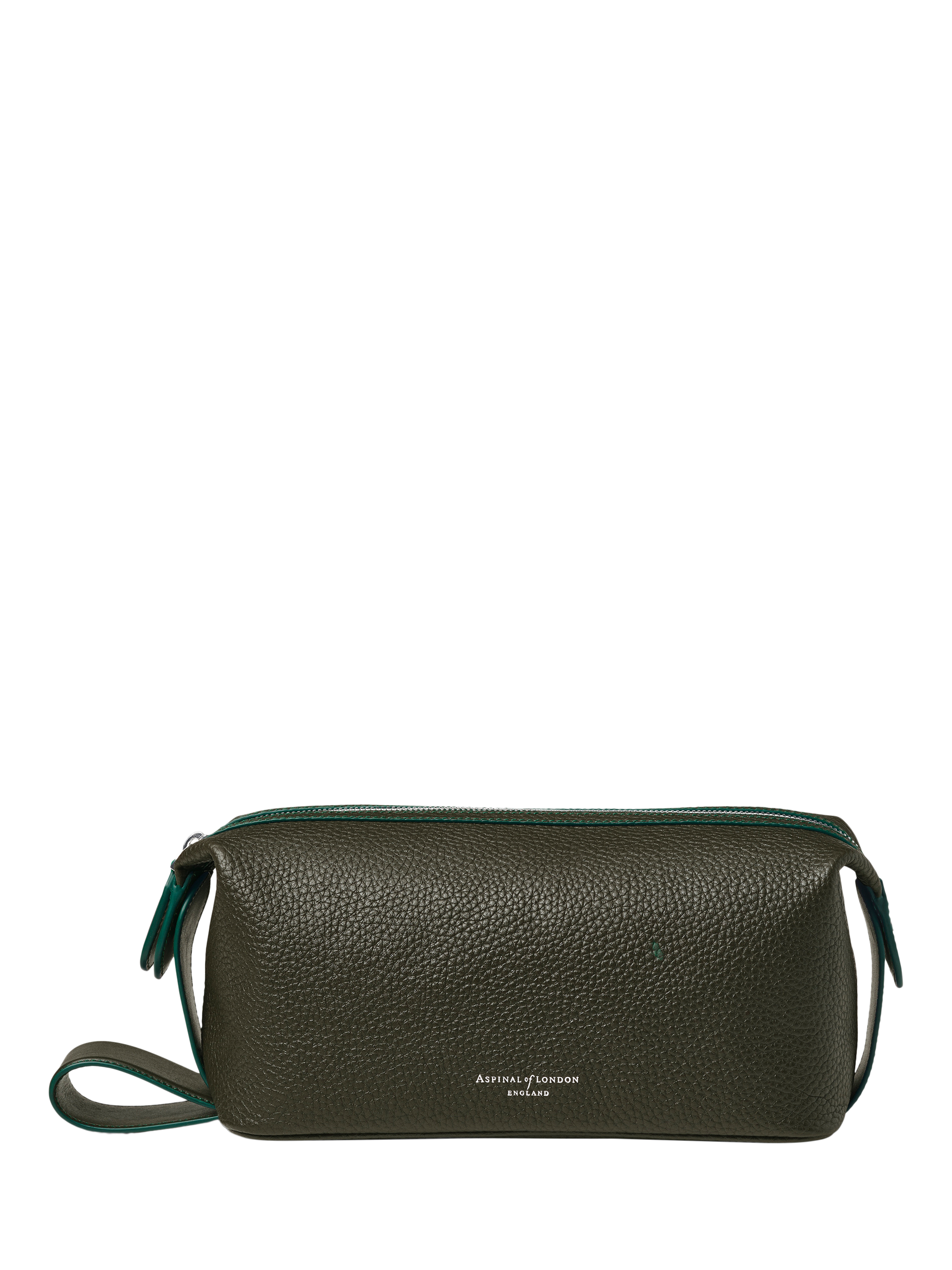 Product image 1 of 5, which shows Aspinal of London Reporter Pebble Leather Wash Bag, Forest Green