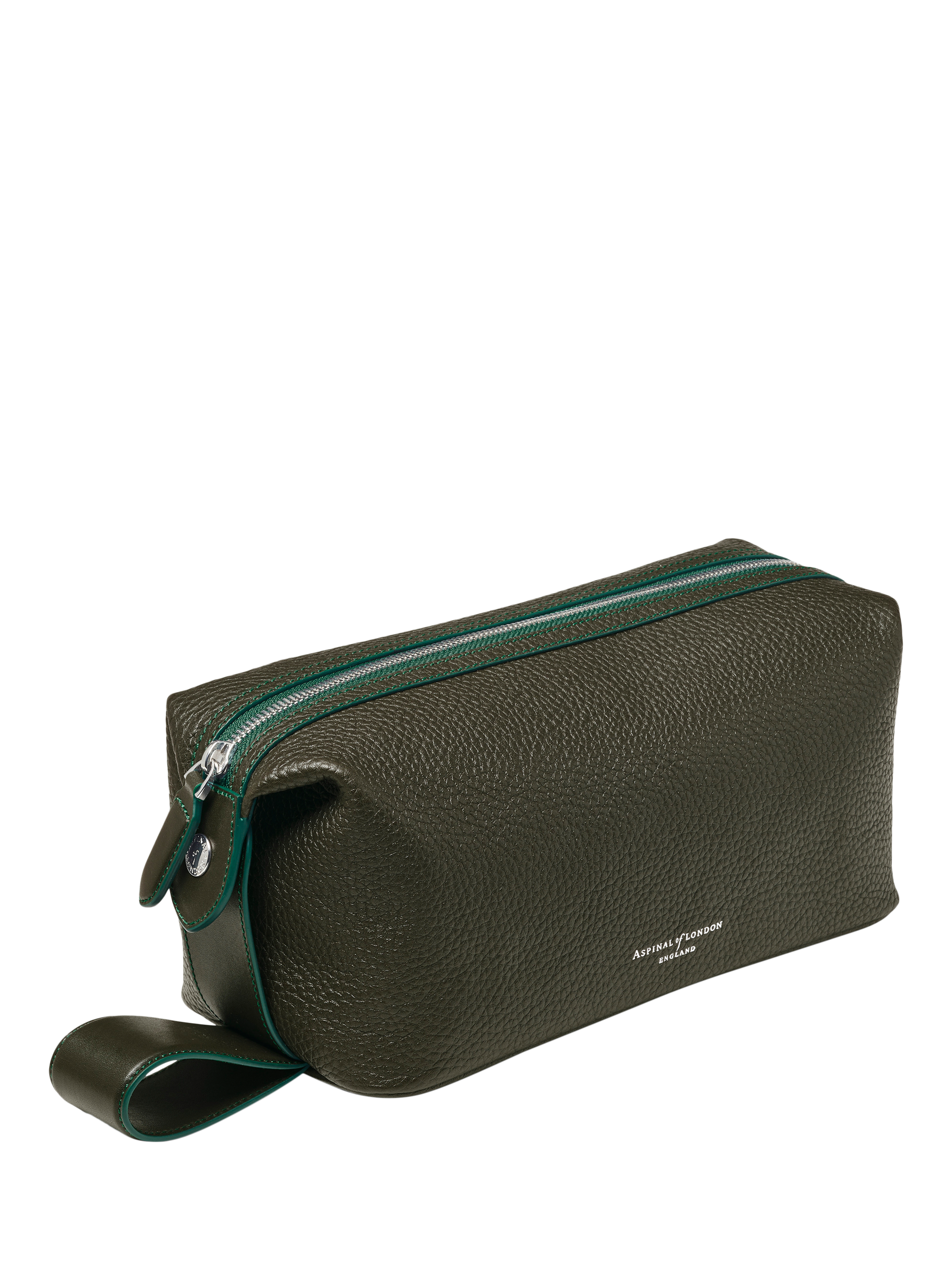 Product image 2 of 5, which shows Aspinal of London Reporter Pebble Leather Wash Bag, Forest Green