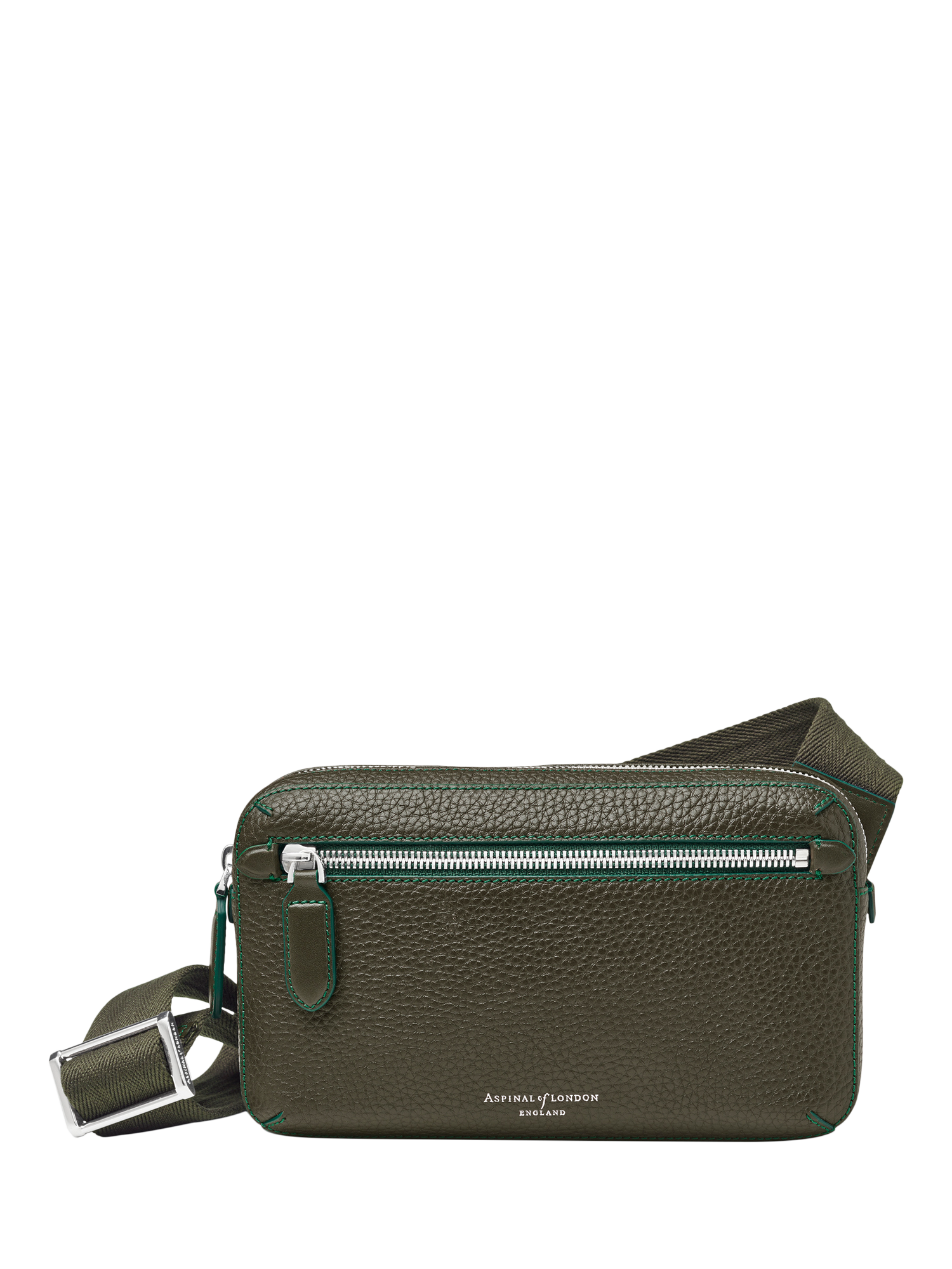 Product image 1 of 5, which shows Aspinal of London Compact Pebble Leather Reporter Bag, Forest Green