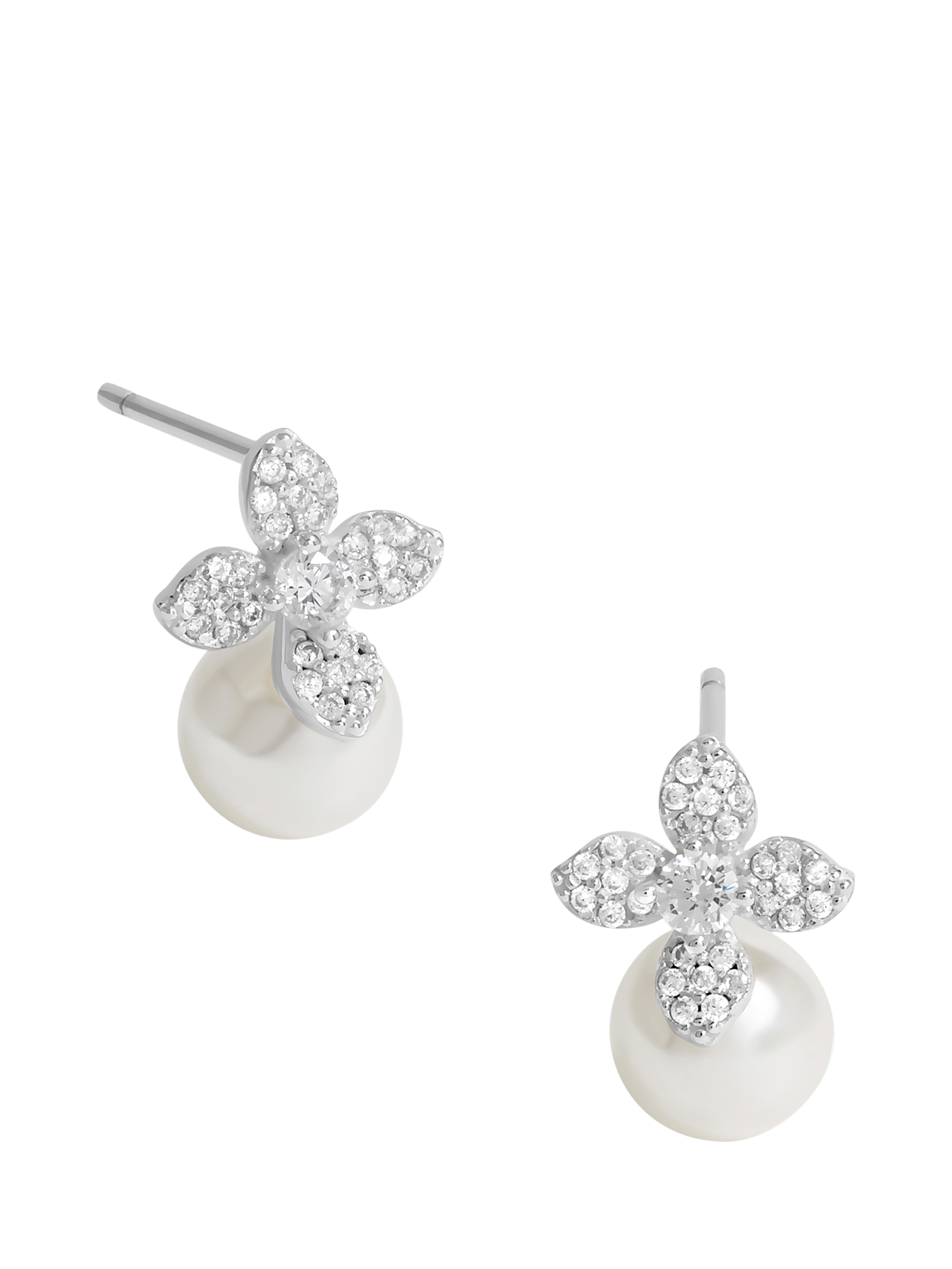 Product image 1 of 3, which shows Simply Silver Cubic Zirconia Flower Pearl Drop Stud Earrings, Silver