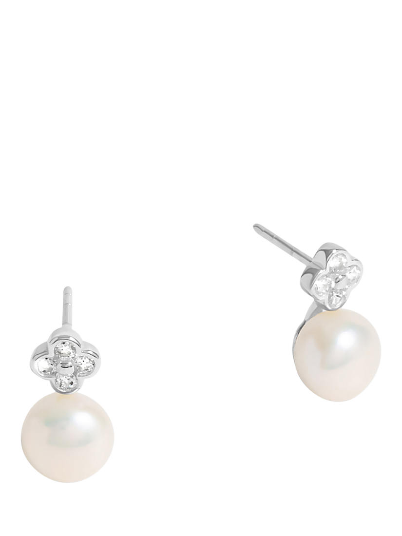 Product image 1 of 3, which shows Simply Silver Cubic  Zirconia Clover Pearl Drop Stud Earrings, Silver