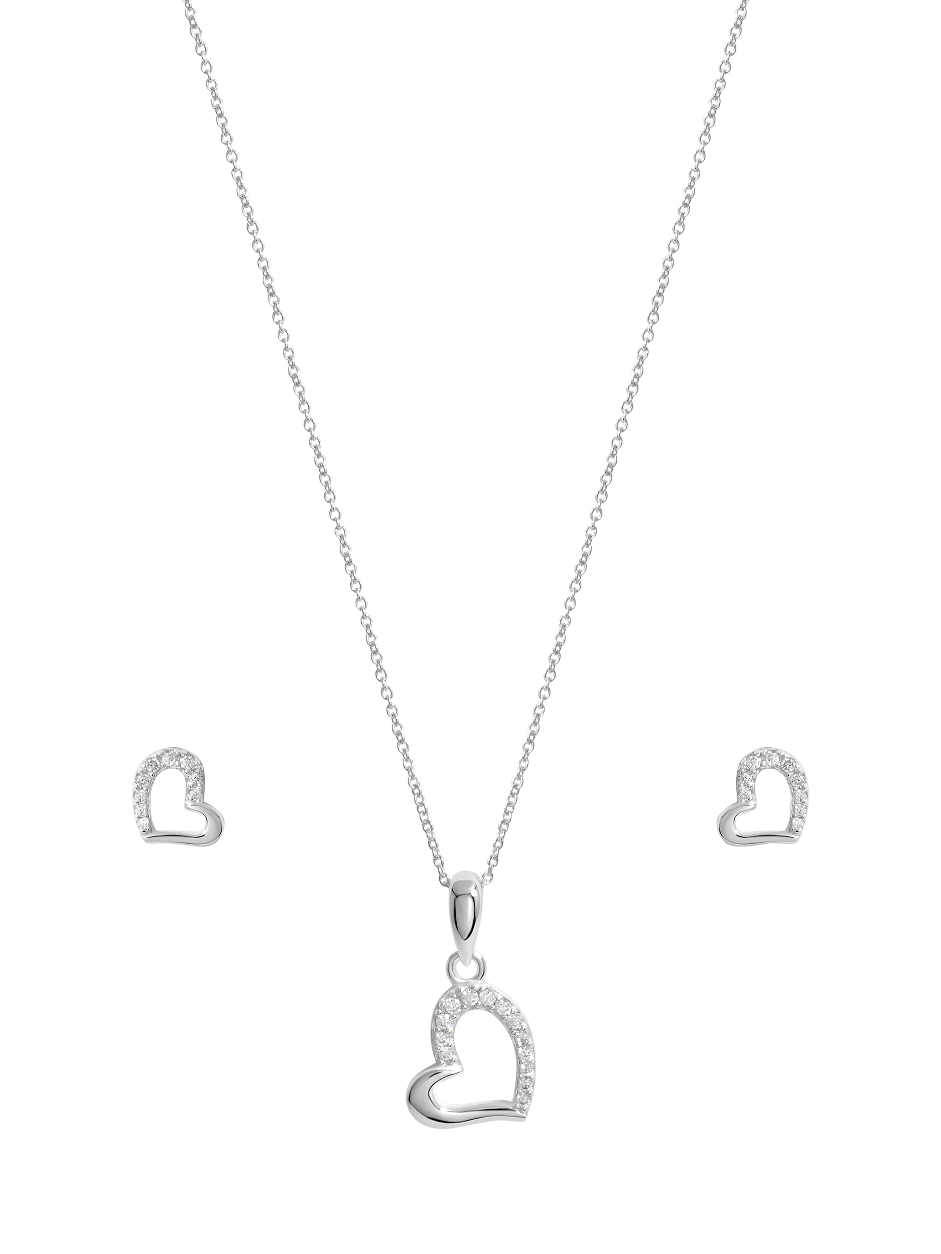 Product image 1 of 3, which shows Simply Silver Polished & Cubic Zirconia Heart Earrings & Necklace Set, Silver