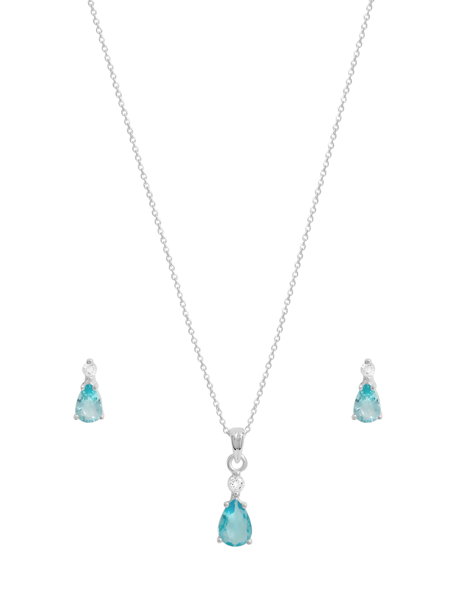 Product image 1 of 2, which shows Simply Silver Cubic Zirconia & Aqua Drop Earrings & Necklace Set, Silver