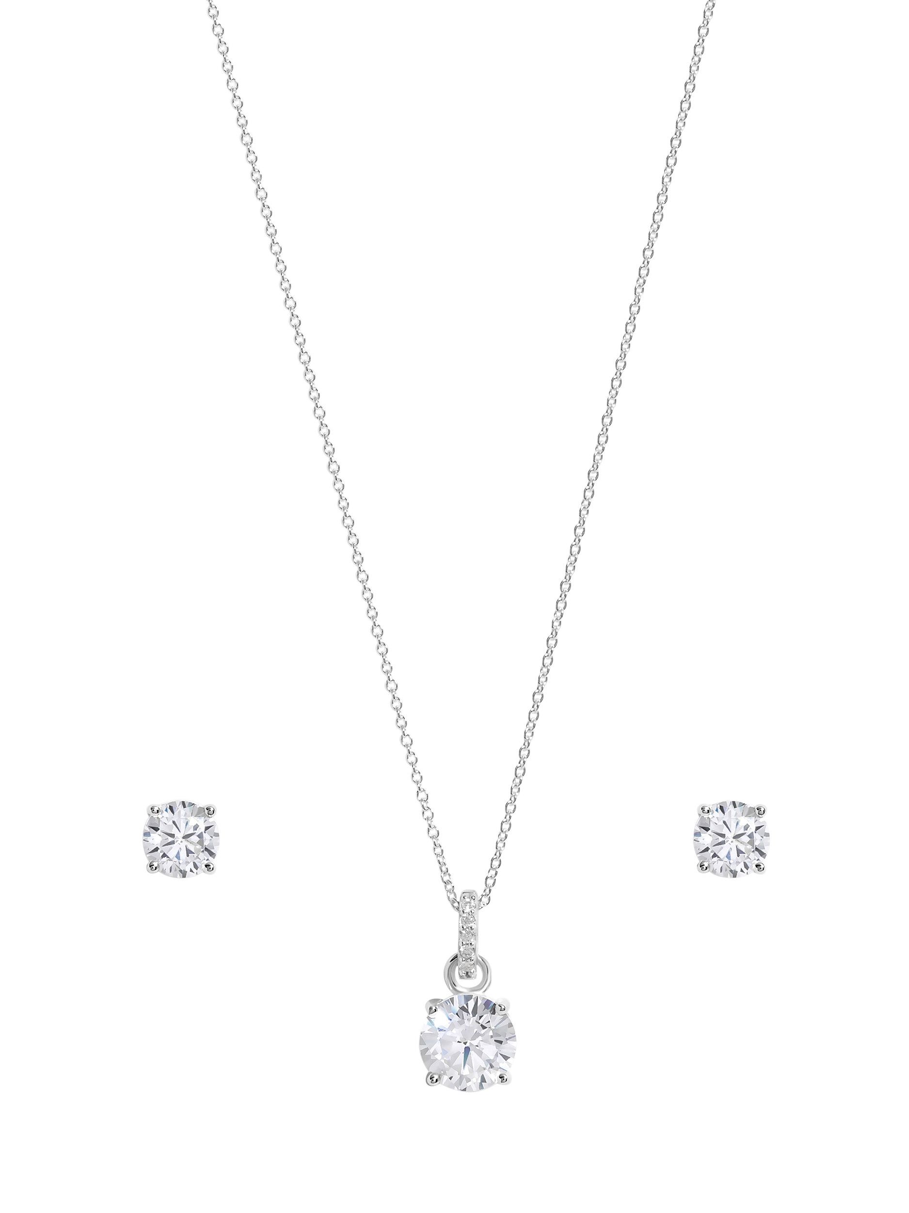 Product image 1 of 3, which shows Simply Silver Cubic Zirconia Classic Round Stud Earrings & Necklace Set, Silver