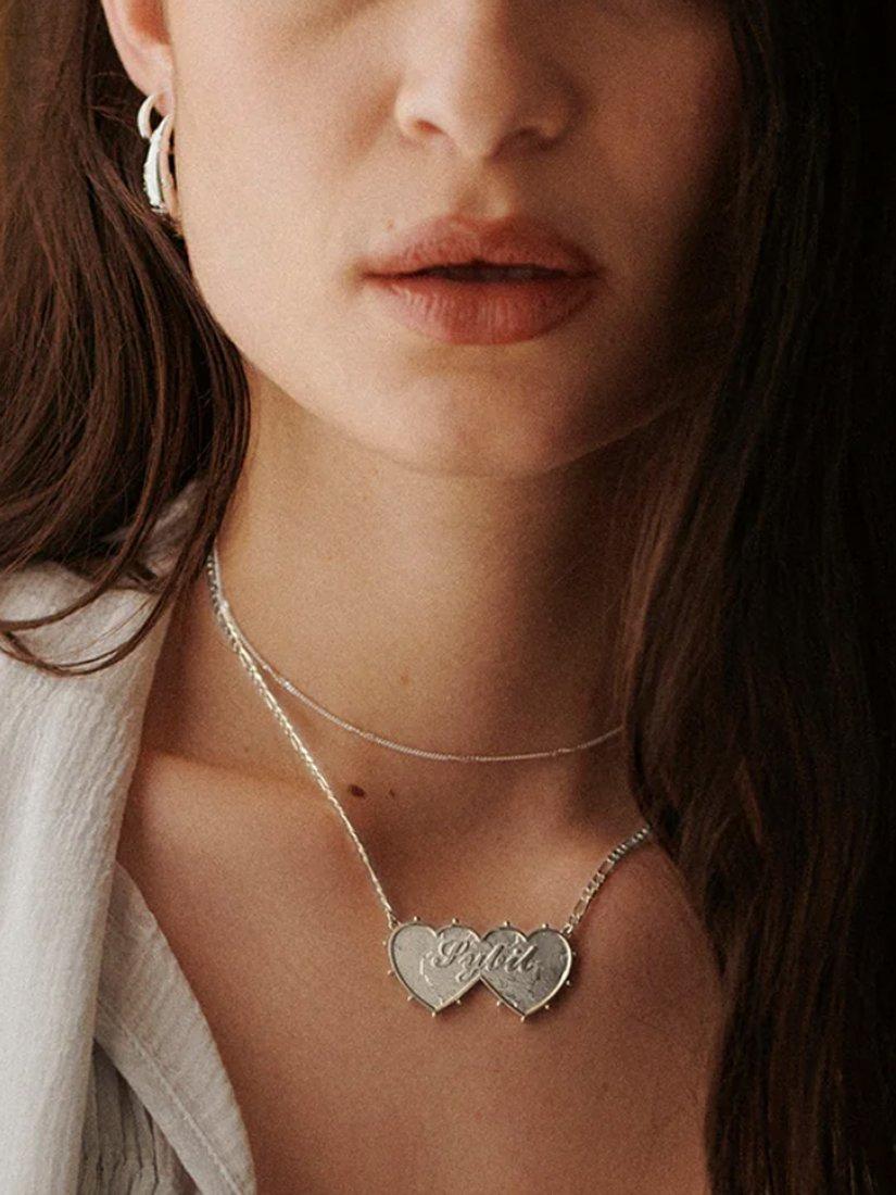 Product image 2 of 2, which shows Daisy London Personalised Double Heart Pendant Necklace, Silver