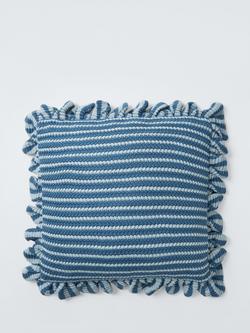 John Lewis Knitted Stripe Frilled Cushion, Blue