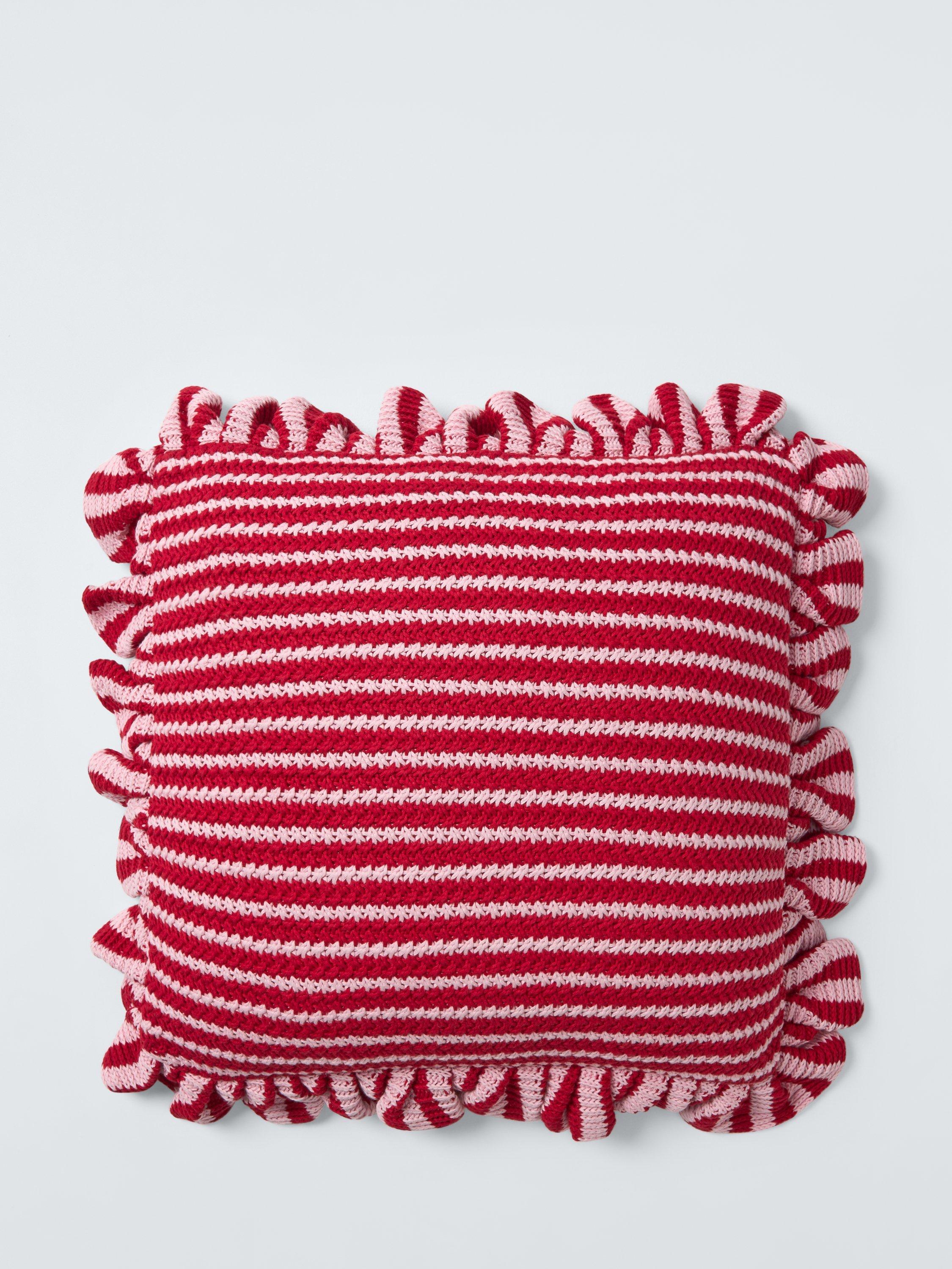 John Lewis Knitted Stripe Frilled Cushion, Red