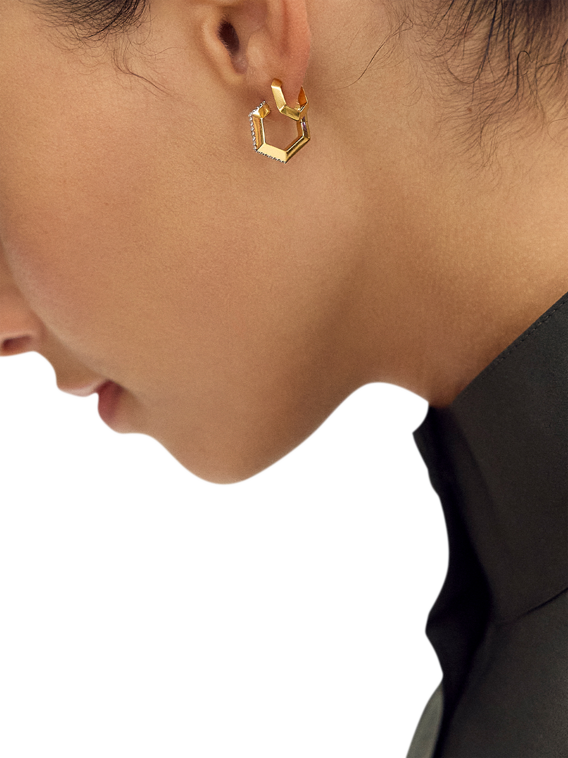 Product image 3 of 4, which shows Rachel Jackson London White Topaz Bevelled Hexagon Hoop Earrings, Gold