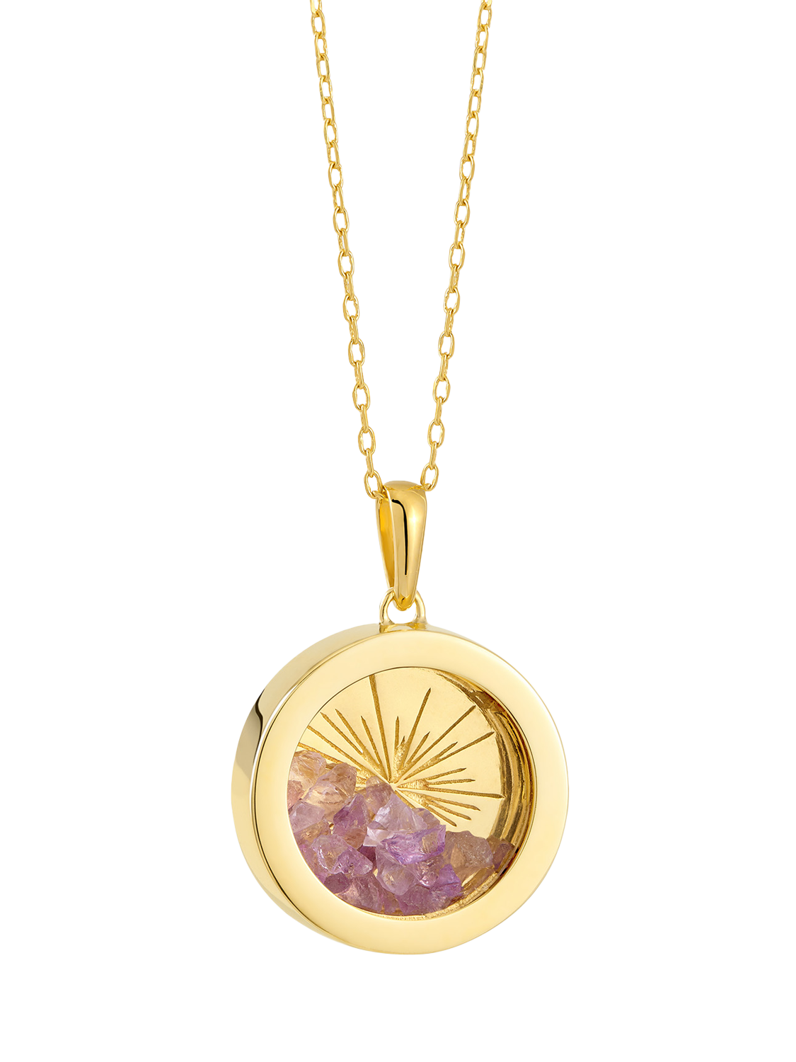 Product image 1 of 4, which shows Rachel Jackson London Personalised Medium Art Deco Sun Birthstone Amulet Necklace, Gold, Amethyst - February