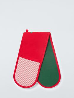 John Lewis Christmas Embroidered Cotton Double Oven Glove, Red/Green, Multi