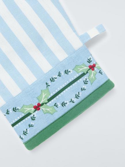 John Lewis Christmas Striped Cotton Single Oven Glove, Blue/Multi - view 2, Multi