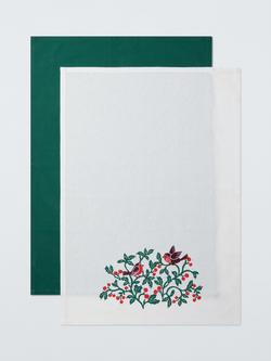John Lewis Christmas Robin & Foliage Cotton Tea Towel, Set of 2, Green/Red, Multi