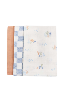 Avery Row Organic Cotton Muslin Squares, Pack of 3, 70 x 70cm, Coastline