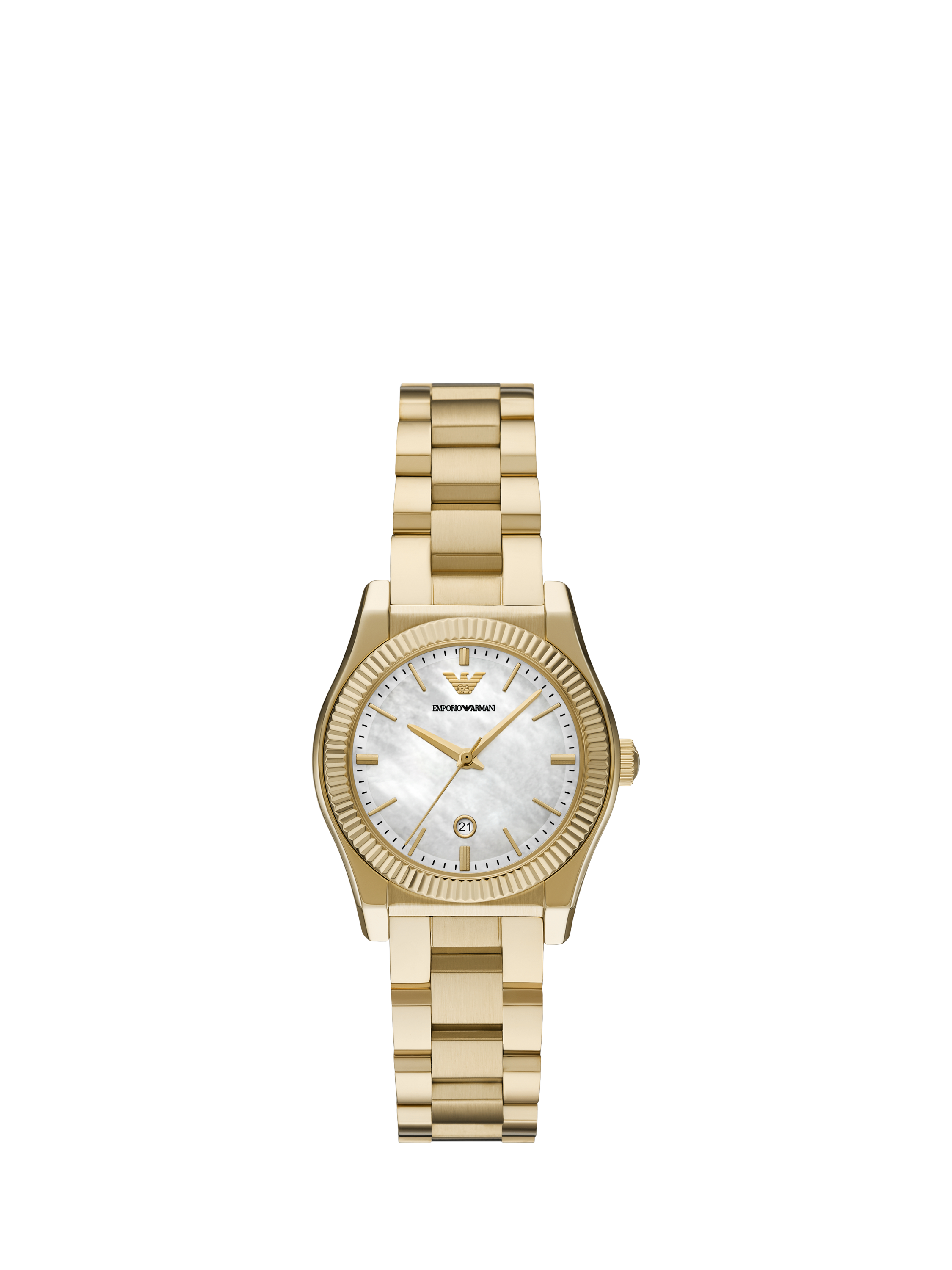 Product image 1 of 4, which shows Emporio Armani AR11657 Women's Mother of Pearl Date Bracelet Strap Watch, Gold
