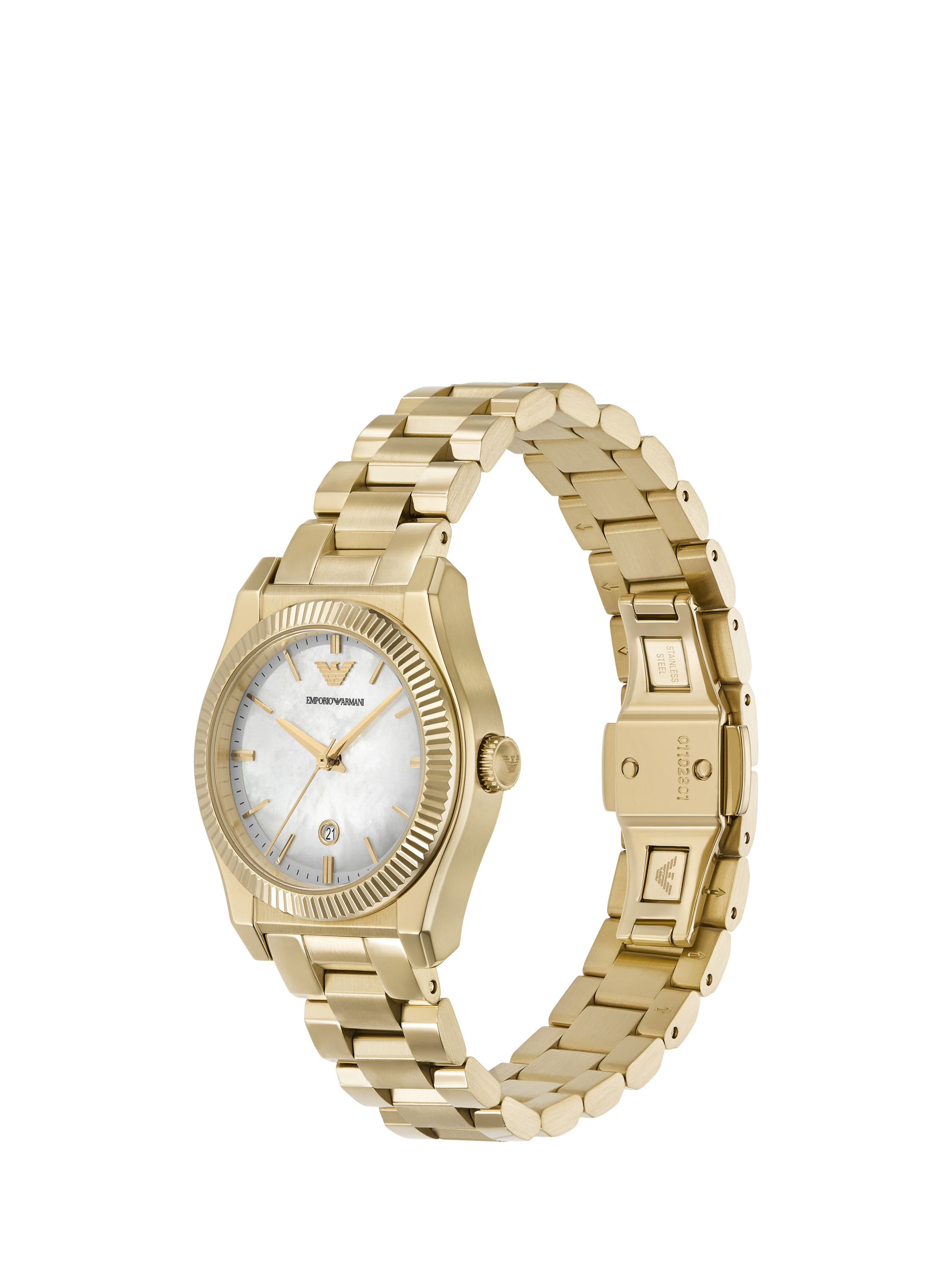 Product image 2 of 4, which shows Emporio Armani AR11657 Women's Mother of Pearl Date Bracelet Strap Watch, Gold