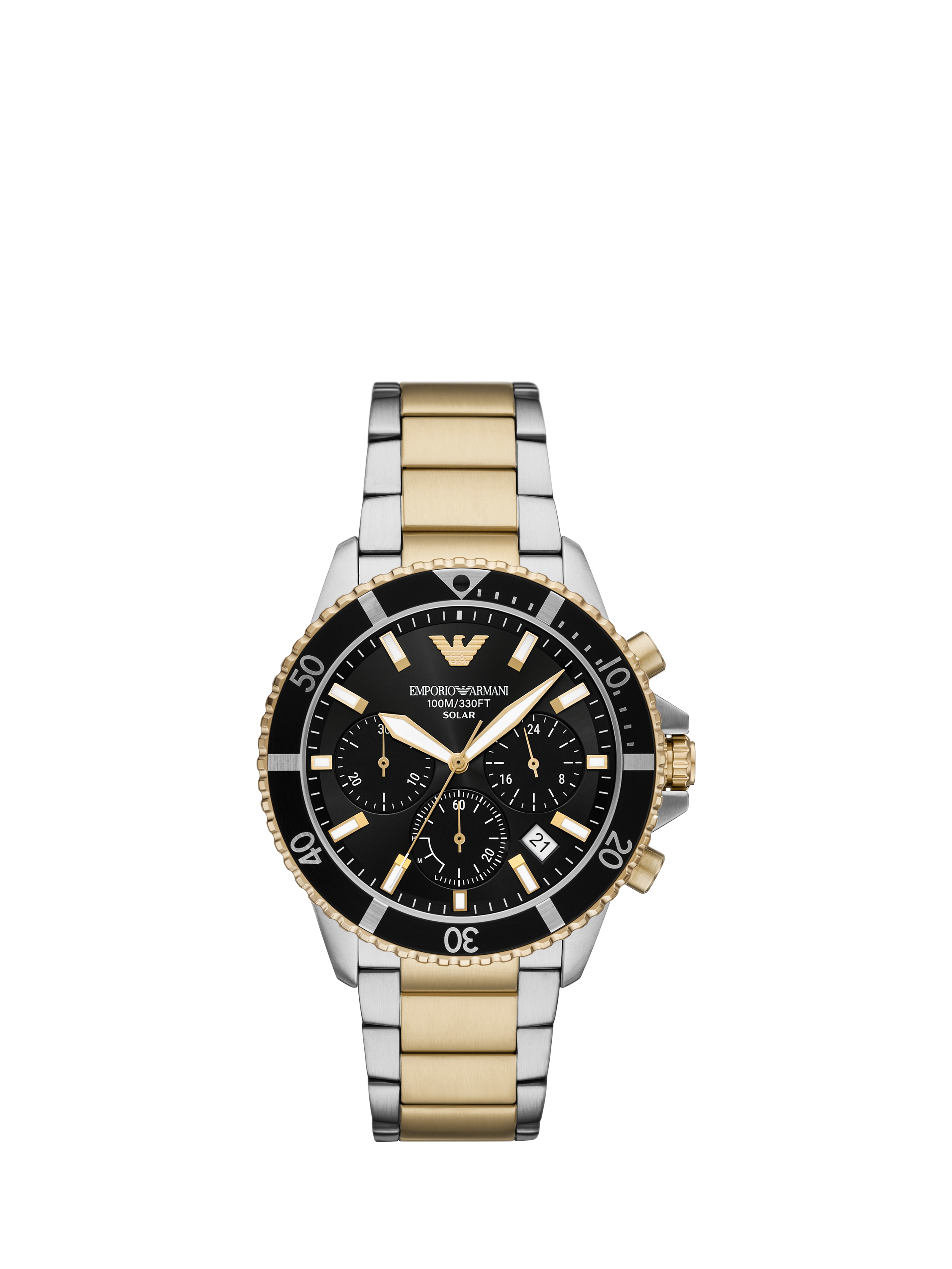 Product image 1 of 6, which shows Emporio Armani AR11680 Men's World Explorer Solar Chronograph Bracelet Strap Watch, Gold/Silver