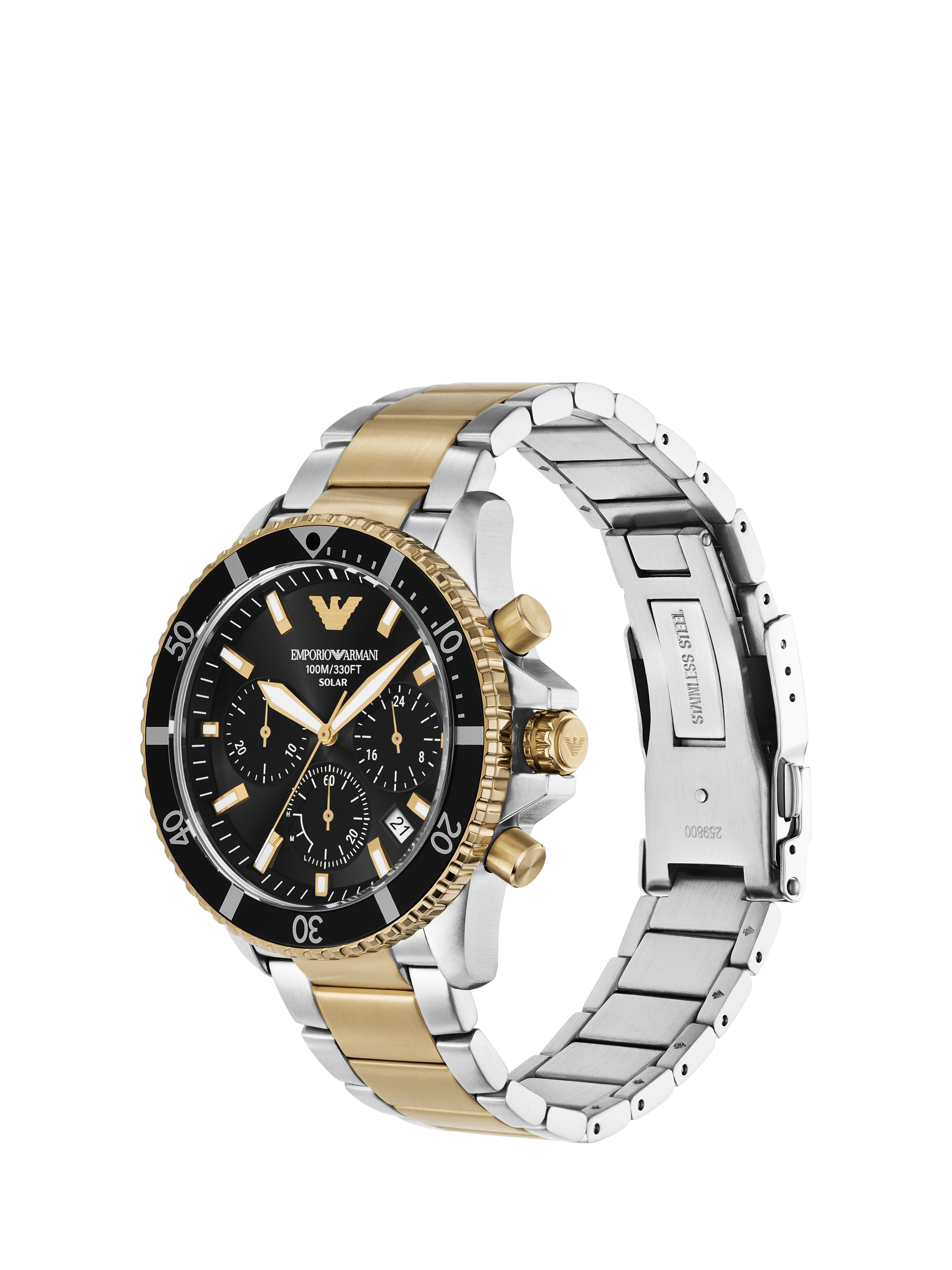 Product image 2 of 6, which shows Emporio Armani AR11680 Men's World Explorer Solar Chronograph Bracelet Strap Watch, Gold/Silver