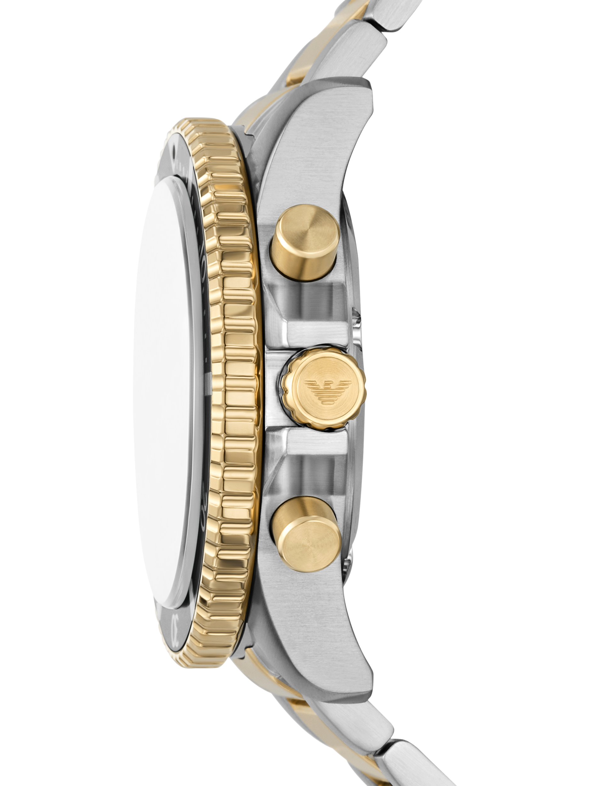 Product image 3 of 6, which shows Emporio Armani AR11680 Men's World Explorer Solar Chronograph Bracelet Strap Watch, Gold/Silver